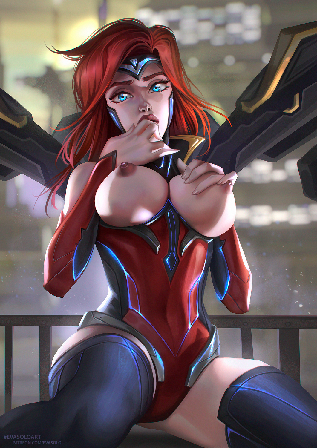 alternate_costume areolae big_breasts blue_eyes blue_light bodysuit breasts circlet evasolo fake_breasts female female_only gun_goddess_miss_fortune implants large_breasts league_of_legends looking_at_viewer miss_fortune nipples red_hair solo steel_valkyries_series thighhighs thighs