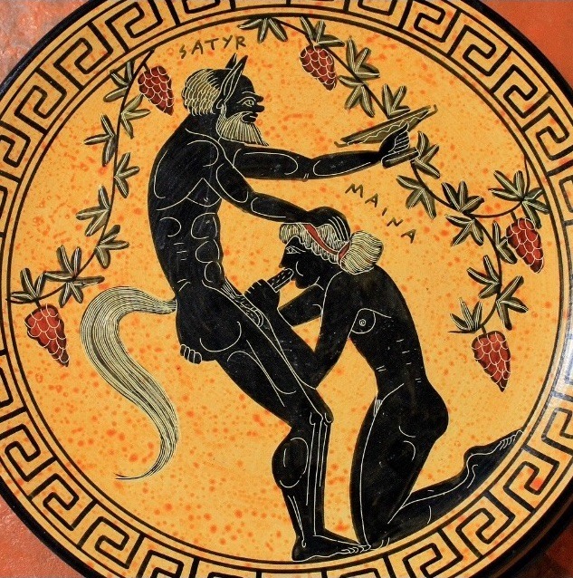 1boy 1girls black-figure_pottery breasts erection european_mythology fellatio fictional_interracial fine_art_parody grapes greek_mythology greek_pottery hand_on_ass hand_on_penis human interspecies kneeling maenad nude_female nude_male penis public_domain red-figure_pottery satyr straight