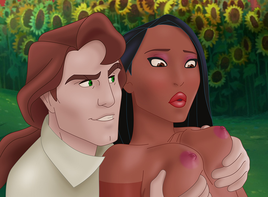 1boy 1girls black_hair blush breast_grab breasts brown_eyes brown_hair clothed_male_nude_female clothing couple dark-skinned_female dark_skin disney disney_princess eyeshadow flower grabbing grabbing_from_behind green_eyes highres human human_only interracial john_rolfe lipstick long_hair looking_at_another looking_at_breasts looking_down makeup male male_focus medium_breasts native_american naughtydisney nipples nude nudity outdoors outside pink_nipples pocahontas pocahontas_(character) pocahontas_ii:_journey_to_a_new_world purple_eyeshadow red_lips red_lipstick smile straight sunflower upper_body