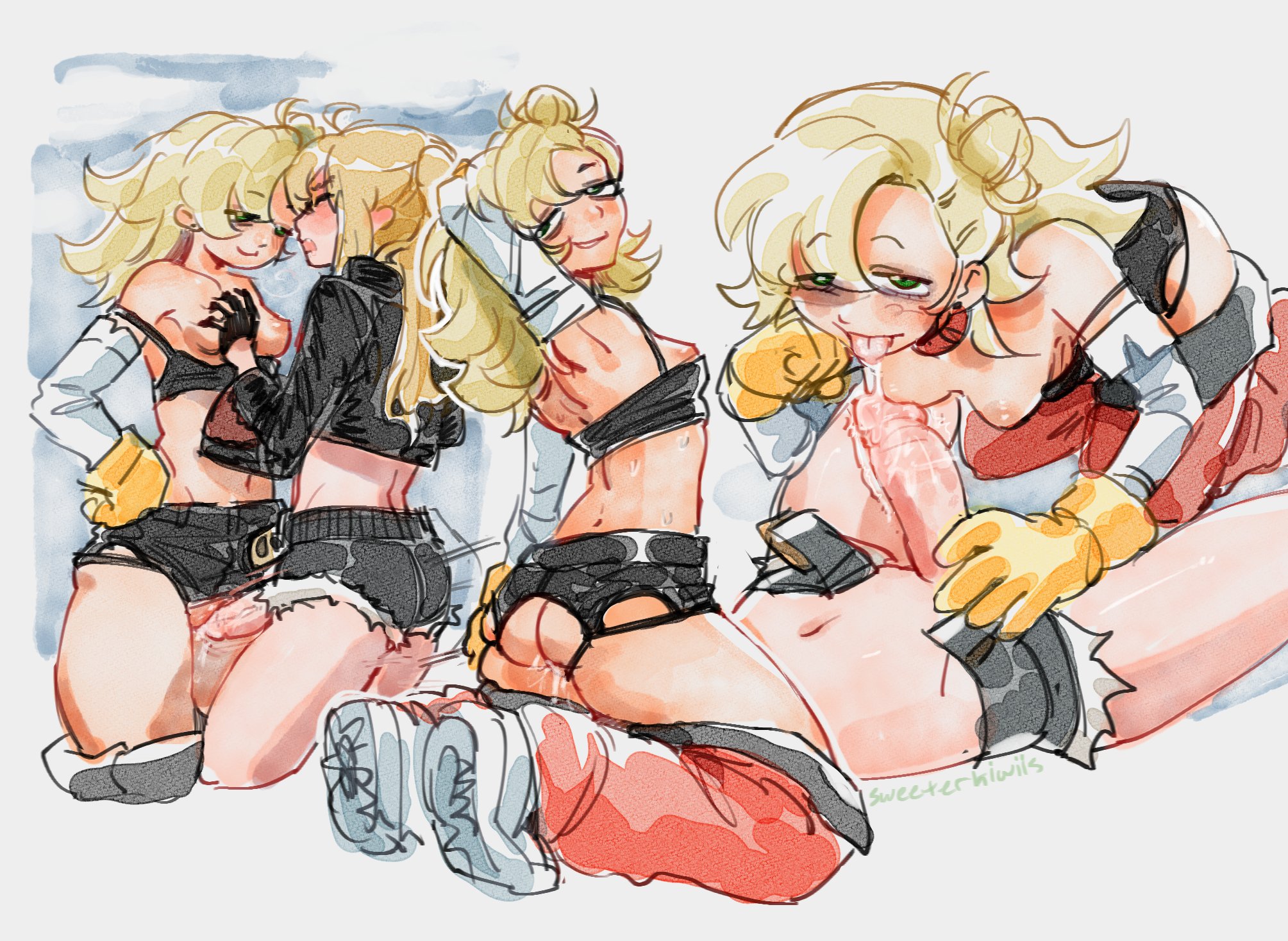 1futa, 1girls, ass, blonde hair, blowjob, blush, breasts, cropped jacket, futanari, gloves, jacket, long hair, luciana de montefio, lying, multiple views, nipples, on back, penis, piper wheel, ponytail, sex, shorts, small breasts, sweeter kiwiis, underwear, zenless zone zero
