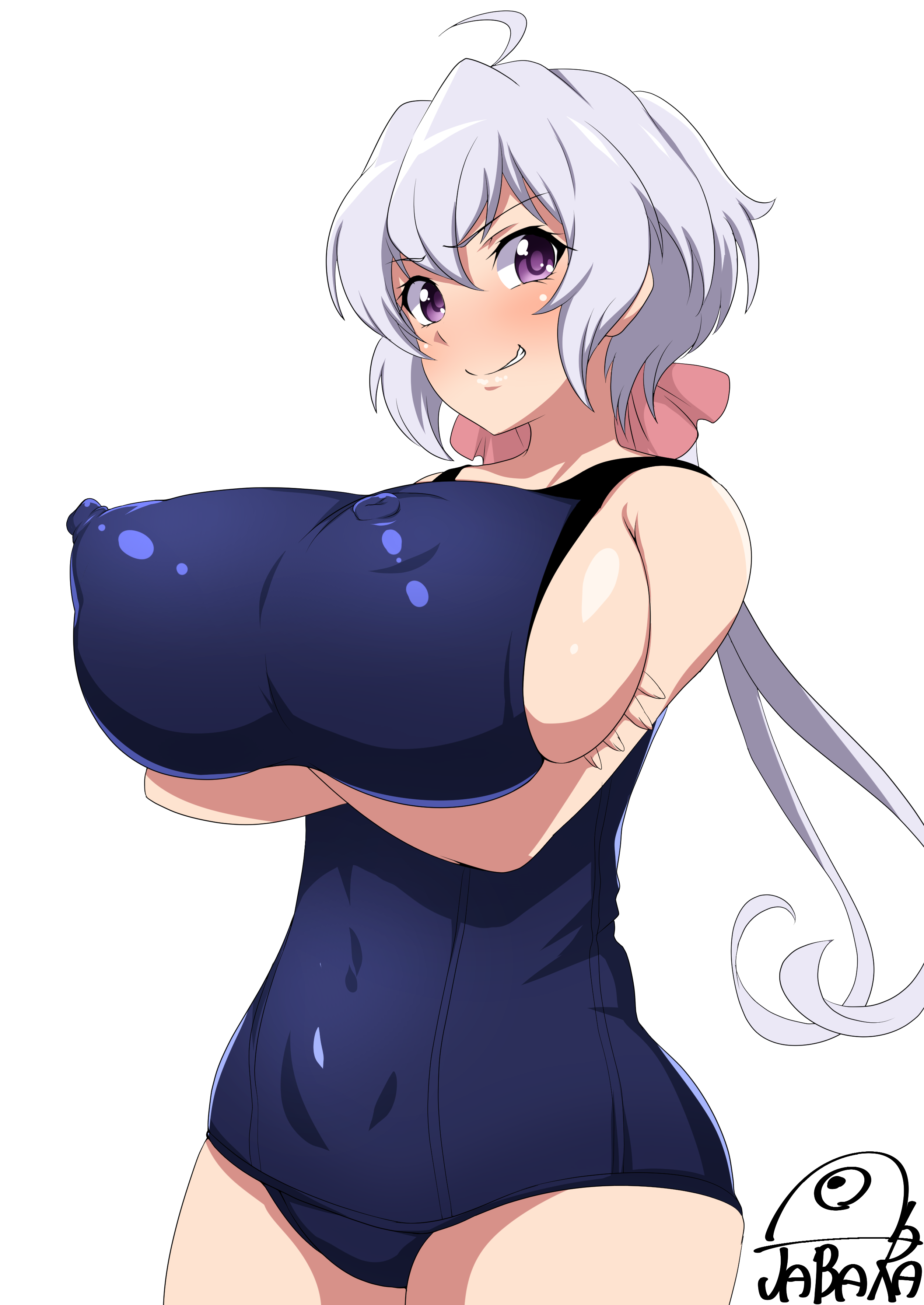 1girls, 2018, breasts, crossed arms, erect nipples, female, grin, highres, huge breasts, jabara tornado, long hair, looking at viewer, nipple bulge, nipples, ponytail, puffy nipples, purple eyes, senki zesshou symphogear, signature, simple background, smile, solo, swimsuit, yukine chris