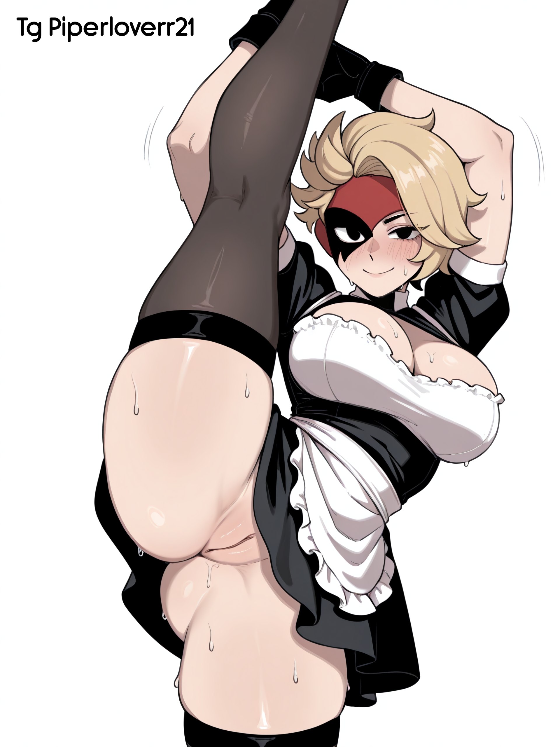 1girl, ai, ai generated, brawl stars, large breasts, legs up, looking at viewer, lumi (brawl stars), maid, no panties, piperloverr21, pussy, smile, stockings, wide hips