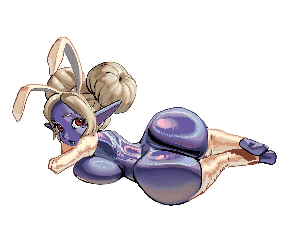 1girls, big ass, blonde hair, blue skin, female, league of legends, lying on side, oppmann, poppy, reverse bunnysuit, shortstack