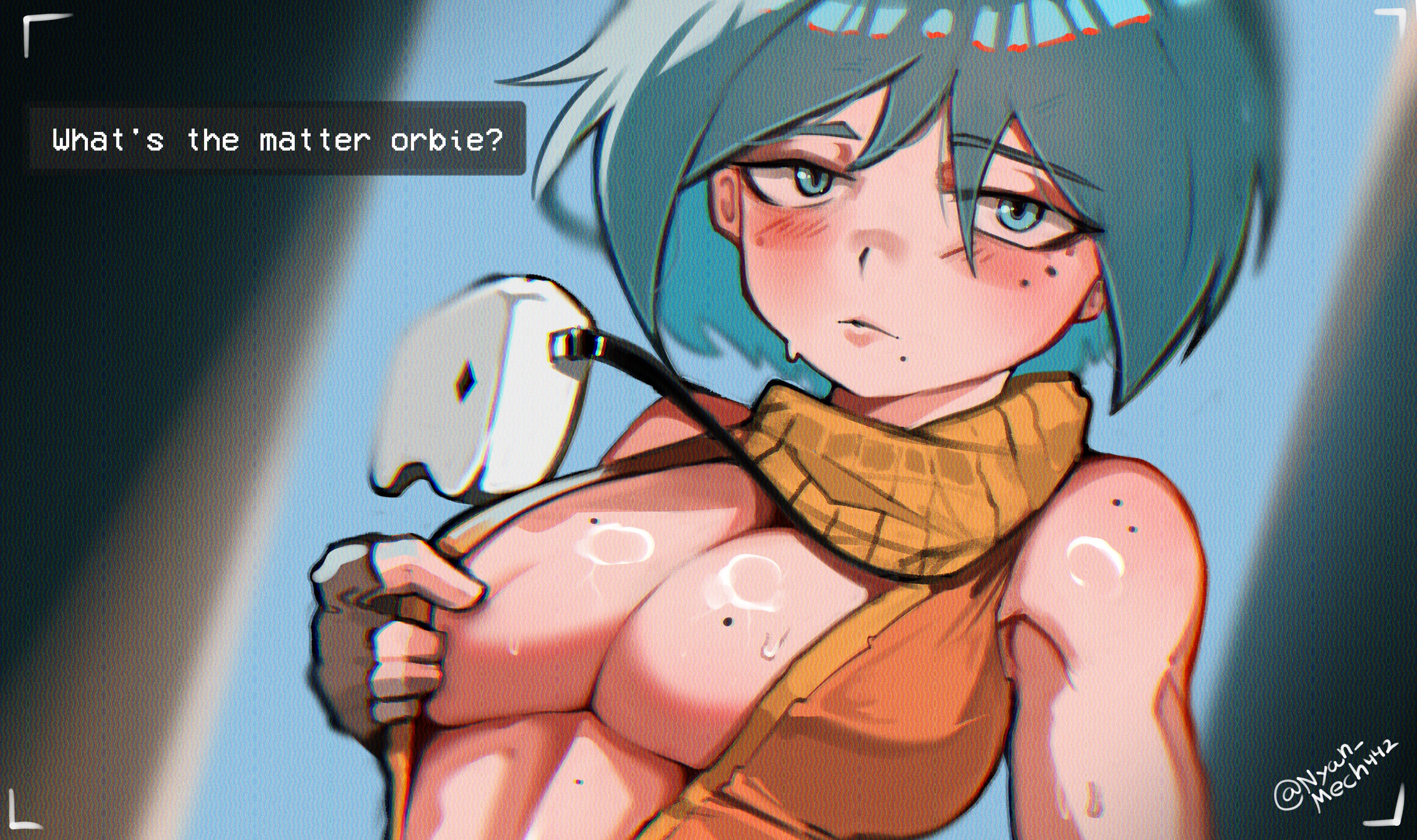 1girls, cleavage, dialogue, female, large breasts, looking at viewer, motorslice, nyan mech, p (motorslice), short hair, sweat, sweaty, sweaty breasts, text