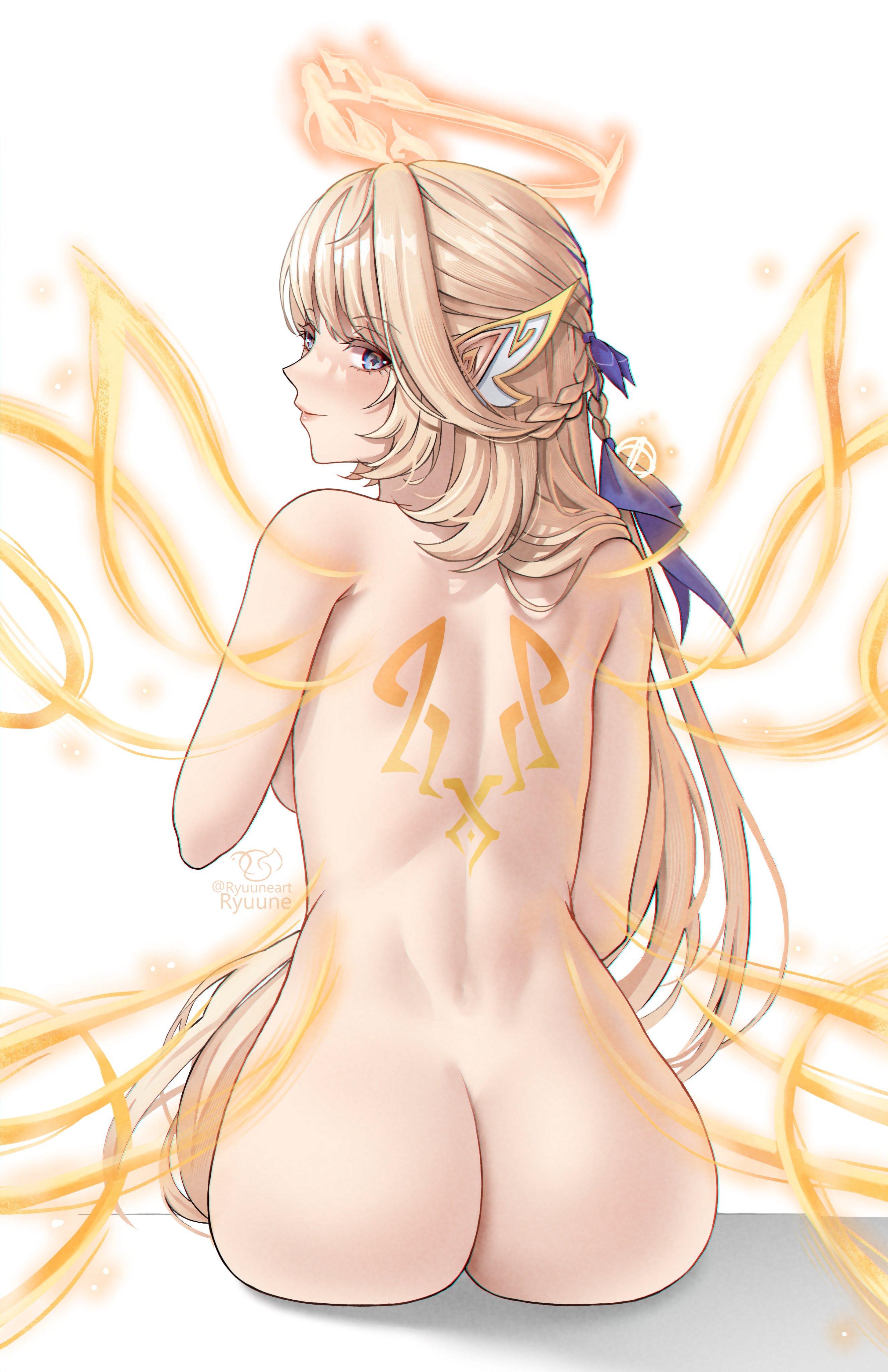 1girls, angel, angel wings, ass, blonde hair, blush, female, genshin impact, hoyoverse, looking back, mihoyo, nicole reeyn (genshin impact), nude, ryuuneart, sitting, wings