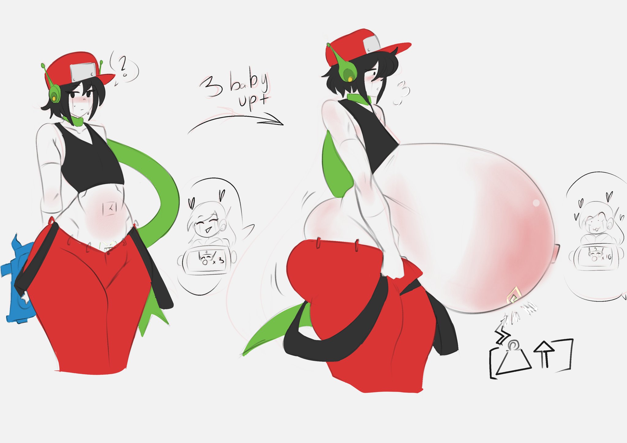 1boy, 1girls, android, ass, ass expansion, black eyes, black hair, blush, caitdrawsstuff2, cave story, crop top, curly brace, hat, huge ass, male pregnancy, mpreg, popped navel, pregnant, pregnant male, quote (cave story), ready to pop, thick thighs, wide hips