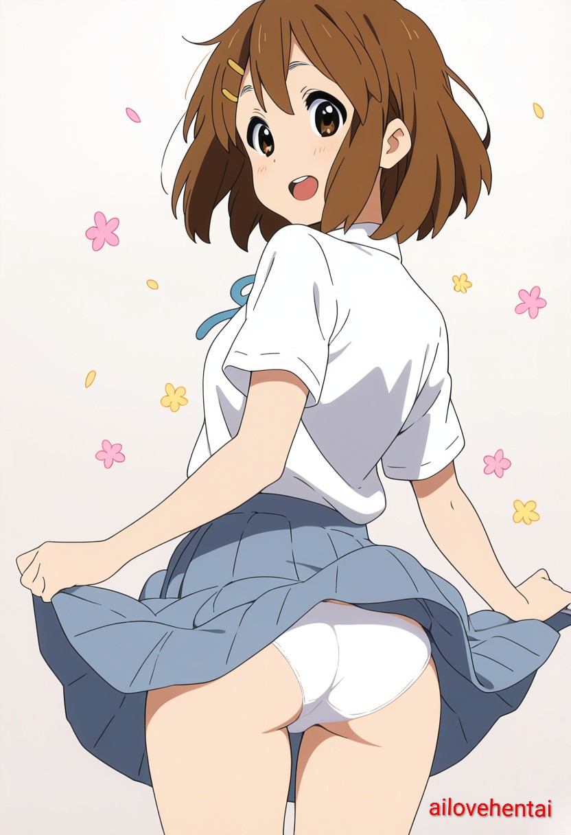 1girls, 2d, ai assisted, ai generated, artist name, artist request, ass, k-on!, looking at viewer, looking back, panties, rear view, school uniform, schoolgirl, smiling at viewer, yui hirasawa (k-on!)