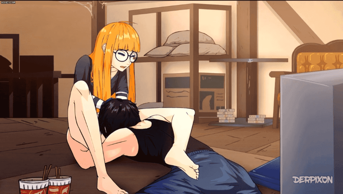 1boy, 1girls, 2d, 2d animation, animated, atlus, cunnilingus, derpixon, female, implied cunnilingus, implied oral, male, megami tensei, orange hair, partially clothed, persona, persona 5, ren amamiya, sakura futaba, shin megami tensei, tagme