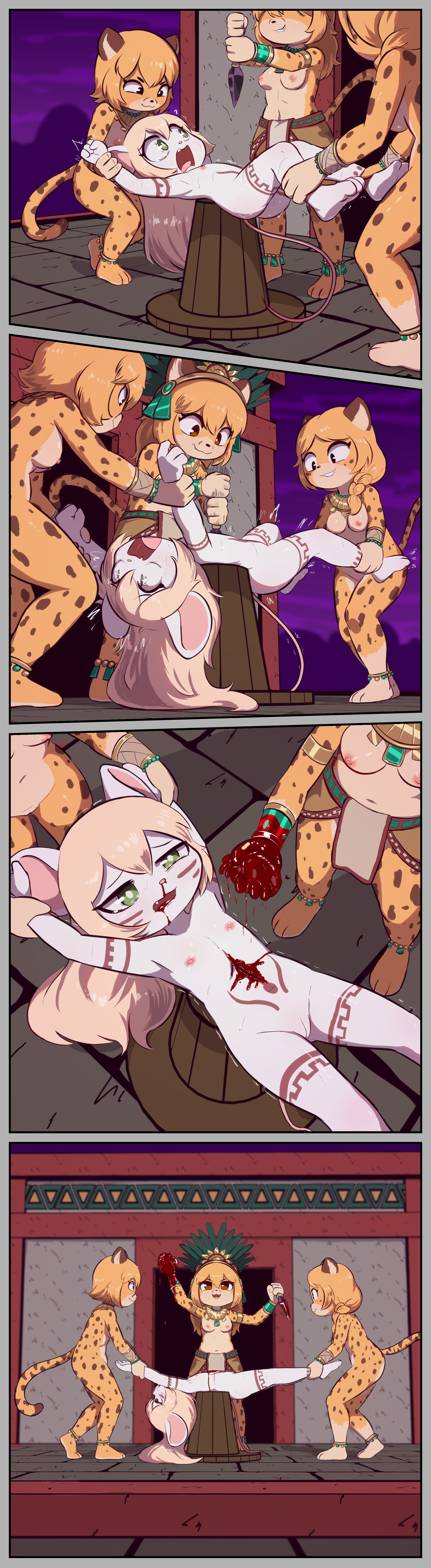 :3, 3 toes, 4 fingers, absurd res, altar, anklet, anthro, athletic, athletic anthro, athletic female, aztec, barely visible genitalia, barely visible vulva, blonde hair, blood, blood on hand, blood on object, blood on weapon, bodily fluids, bodypaint, bracelet, breasts, butt, butt from the front, casual nudity, cat smile, chloe umeko, clothed, clothing, corpse, countershade face, countershade torso, countershading, cruelty, cute fangs, death, detailed background, dying, e254e, evening, evil face, execution, fangs, fatal, fatal wound, feet, felid, female, female death, fingers, flat chested, forced, fur, gem, genitals, gore, green eyes, group, hair, happy, headdress, headdress only, headgear, headgear only, heart (organ), helpless, hi res, holding heart (organ), holding knife, holding object, holding weapon, jewelry, killing, knife, leopard, long hair, mammal, markings, medium breasts, mouse, murid, murine, natural, natural breasts, navel, necklace, nipples, nude, nude anthro, nude female, organ removal, organs, pain, pantherine, pelvic curtain, peril, perineum, ponytail, predator/prey, restrained, ritual, ritual sacrifice, rock, rodent, ryona, sacrifice, scared, screaming, shaded, short hair, smile, smirk, soft abs, soles, spots, spotted body, spotted fur, spread eagle, stab, stab wound, sweat, teeth, temple, toes, topless, topless anthro, topless female, tribal, tribal markings, under boob, violence, vulva, weapon, white body, white fur, wounded