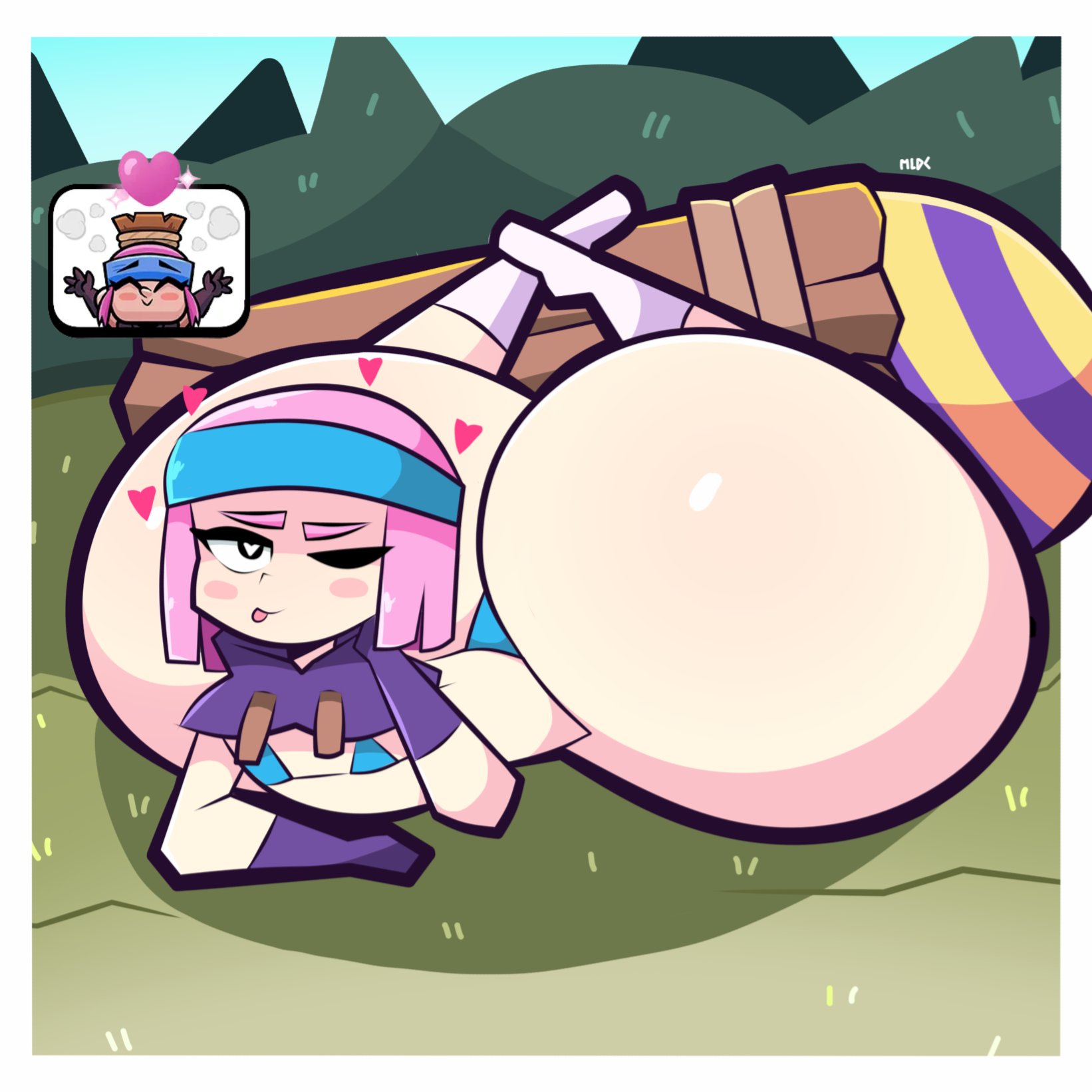 1girls, 2d, ass, ass focus, background, clash (series), clash royale, double drownz, emote (clash royale), female, firecracker (clash royale), flat chest, headband, headgear, heart, heart-shaped pupils, hearts, massive ass, massive butt, pink hair, pink hair female, shortstack, simple background, solo, source request, supercell, thick thighs, wink, winking at viewer