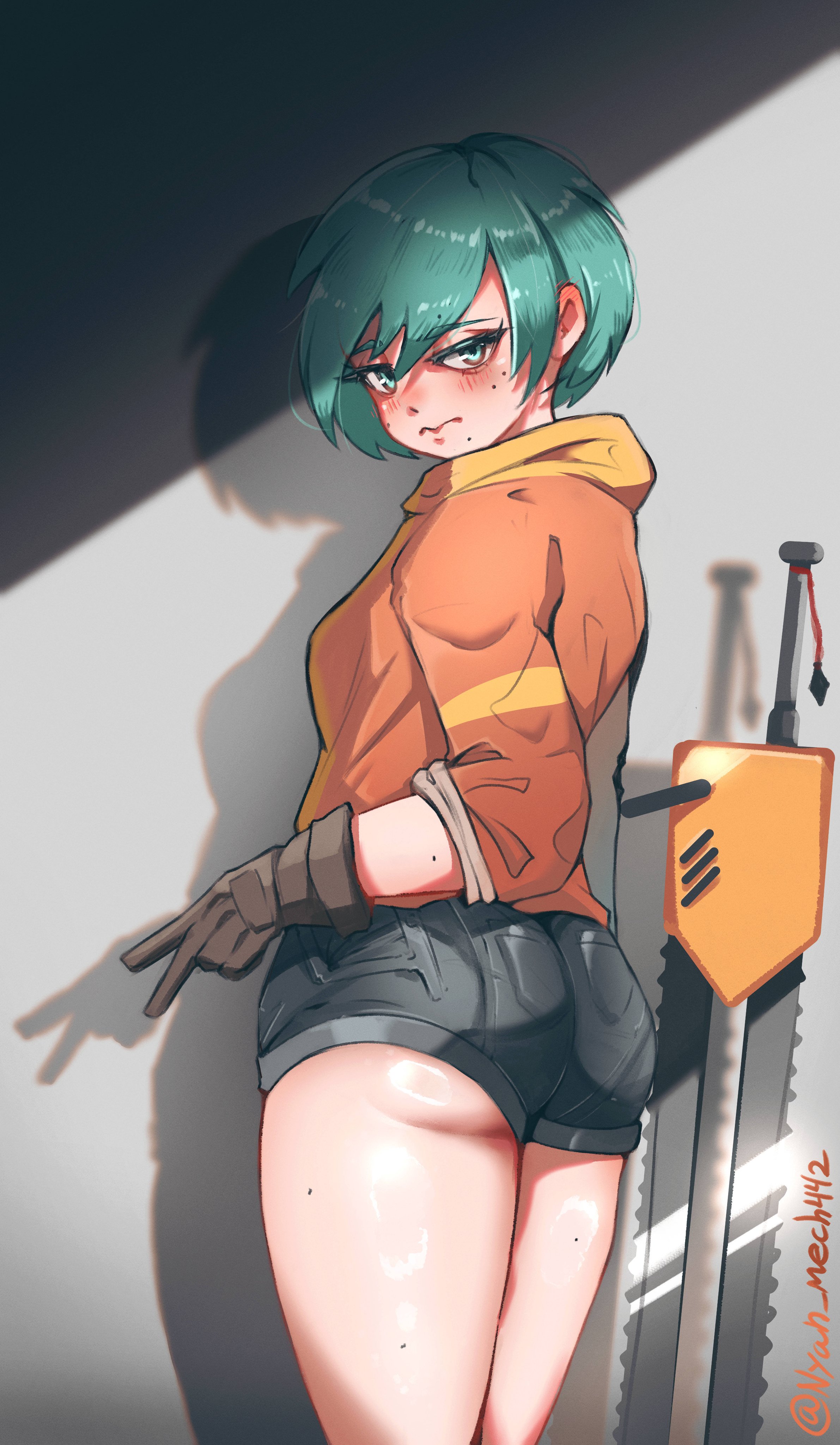 1girls, ass, blush, booty shorts, female, frown, looking back, motorslice, nyan mech, p (motorslice), short hair