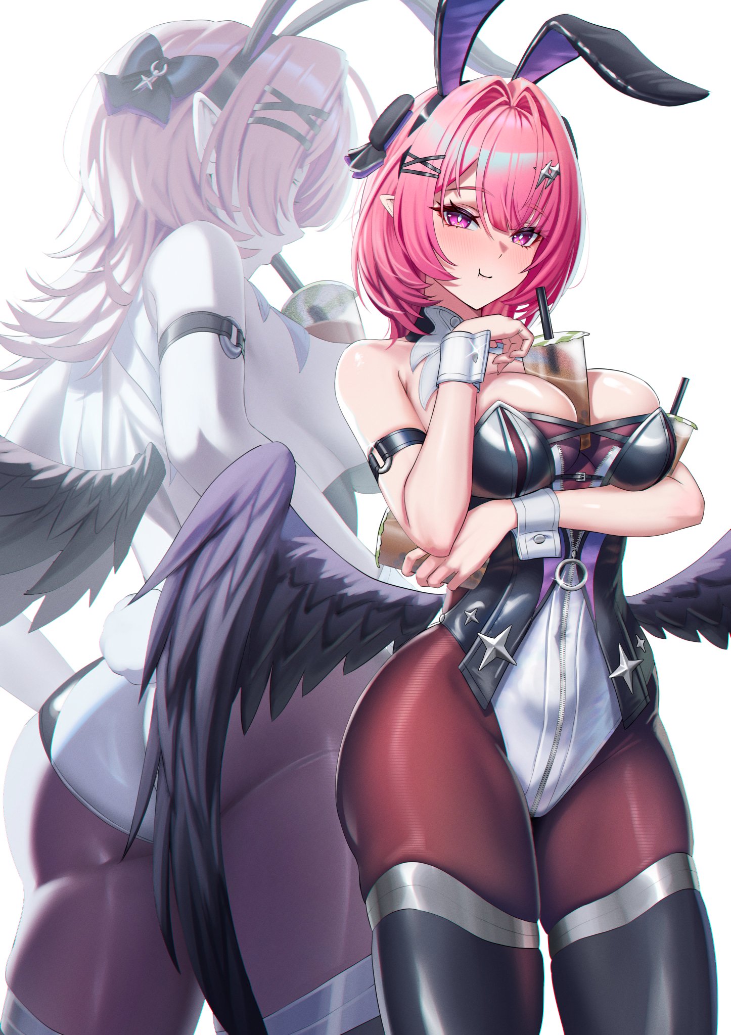 1girls, alternate costume, black bunny ears, black bunnysuit, black wings, brown pantyhose, bunny ears, bunnysuit, cruzvu, female, long hair, pantyhose, pink hair, purple eyes, remielle dan, remielle dan (moonlight whispers), wings, zenless zone zero