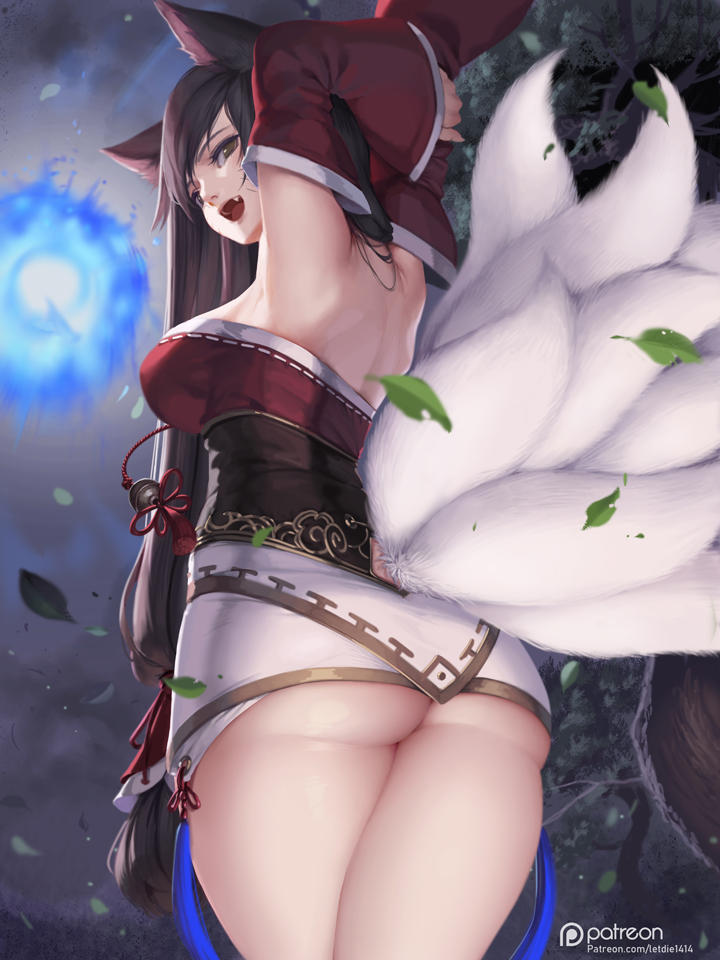 :d, 1girls, ahri, armpits, arms behind head, ass, ass hanging out of skirt, bare shoulders, big breasts, black hair, breasts, fang, female, fox ears, fox girl, fox tail, from below, league of legends, letdie1414, looking at viewer, looking back, smile, solo, standing, stretching, tagme, thick thighs, very long hair, whiskers, white fur, yellow eyes