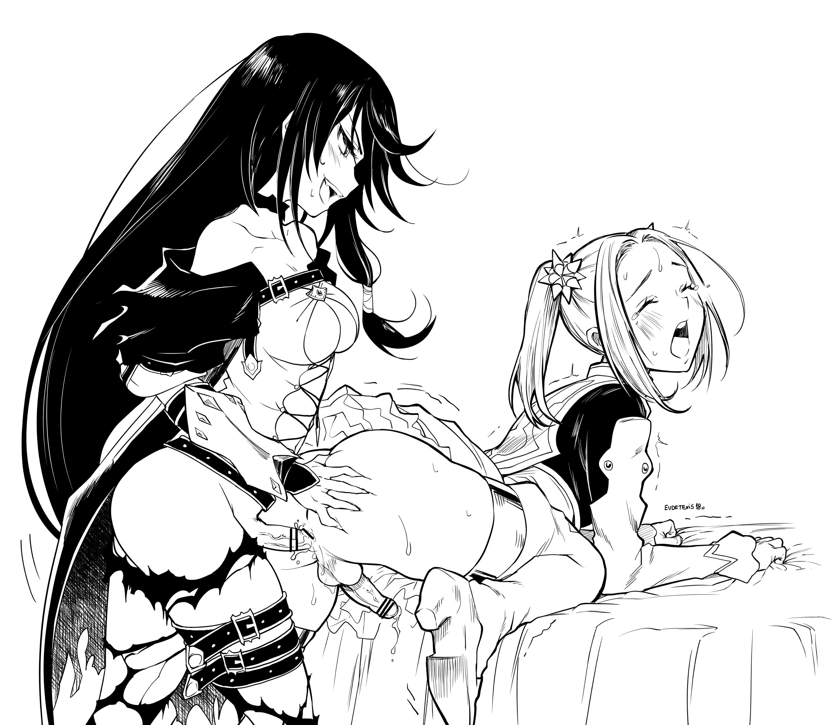 2futas, anal, anal sex, ass, ass grab, balls, bar censor, censored, closed eyes, cum, eleanor hume, eudetenis, female, futa on futa, futa only, futanari, intersex, monochrome, multiple females, multiple girls, open mouth, penis, staticradio, tales of (series), tales of berseria, testicles, trans woman, transfem, velvet crowe