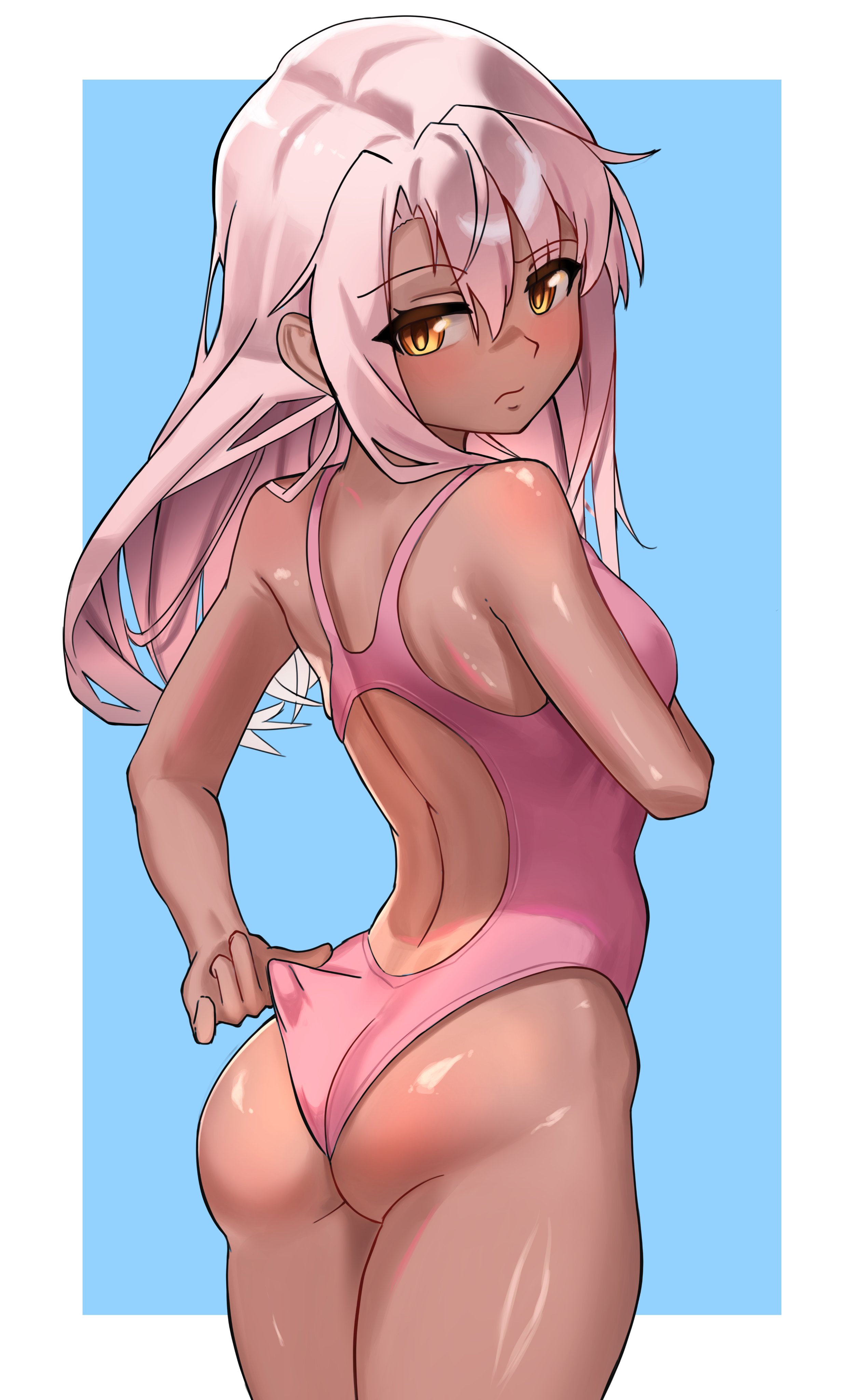 1girls, chloe von einzbern, fate (series), fate/kaleid liner prisma illya, meruru1247, one-piece swimsuit, pink hair, solo, swimsuit