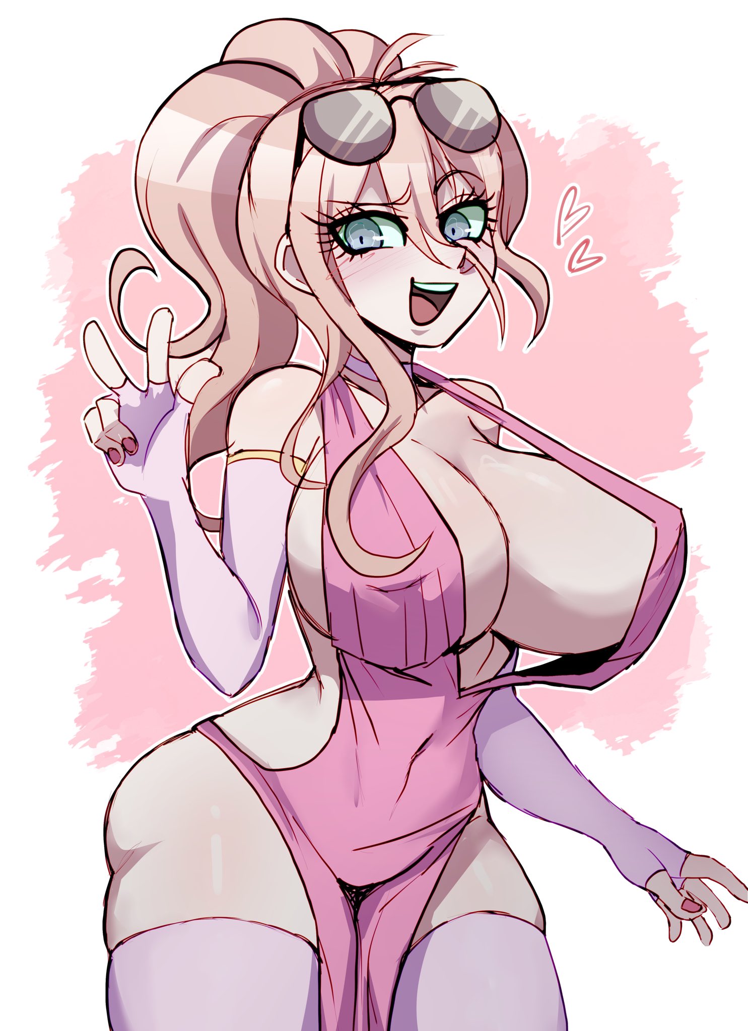 1girls, ahoge, alternate costume, alternate hairstyle, antenna hair, big breasts, blonde hair, blue eyes, busty, busty female, choker, cleavage, curvy, danganronpa, danganronpa v3, dress, female, fingerless gloves, glasses, glasses on head, hair between eyes, heart, hourglass figure, huge breasts, iruma miu, large breasts, looking at viewer, loose clothes, narrow waist, navel visible through clothes, nipple bulge, nipple outline, official alternate hairstyle, open mouth, peace sign, perfect body, perky breasts, pink dress, ponytail, raydeluxxxe, shoulder gloves, skindentation, slim waist, smile, solo, stockings, thighhighs, voluptuous, voluptuous female, wavy hair, wide hips