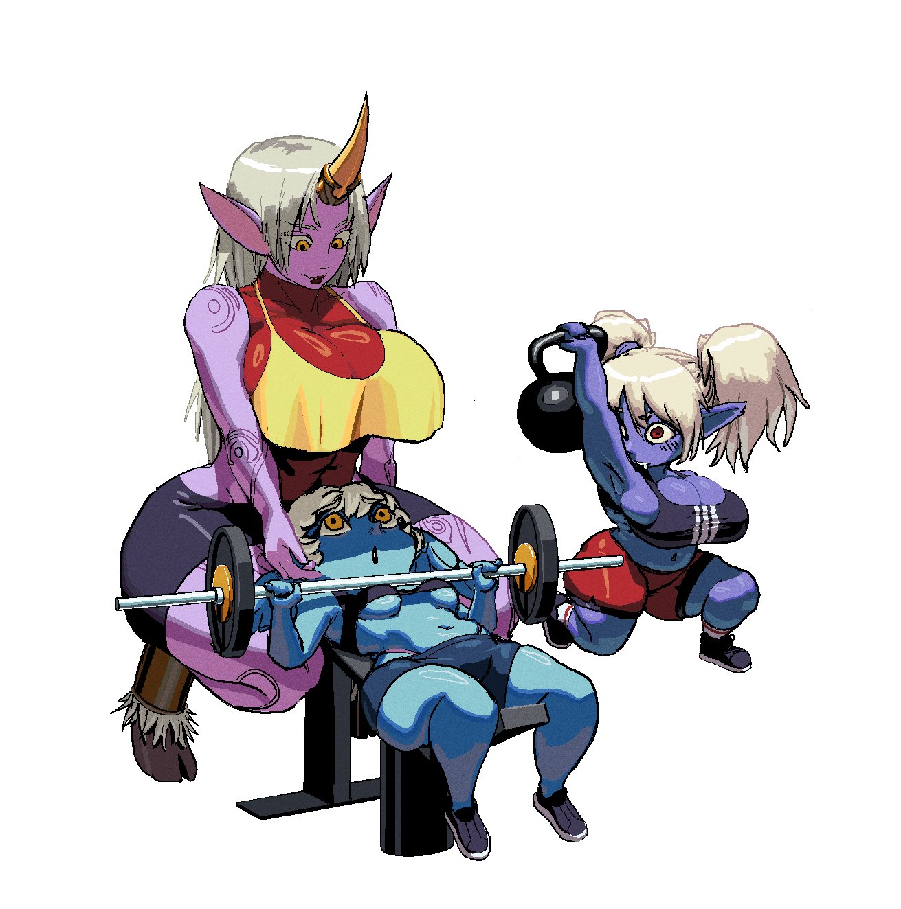1futa, 2girls, bench press, big breasts, bra, crop top, dumbbell, female, hooves, horn, league of legends, oppmann, poppy, shorts, shortstack, size difference, soraka, squatting, tristana, weightlifting, weights, yordle