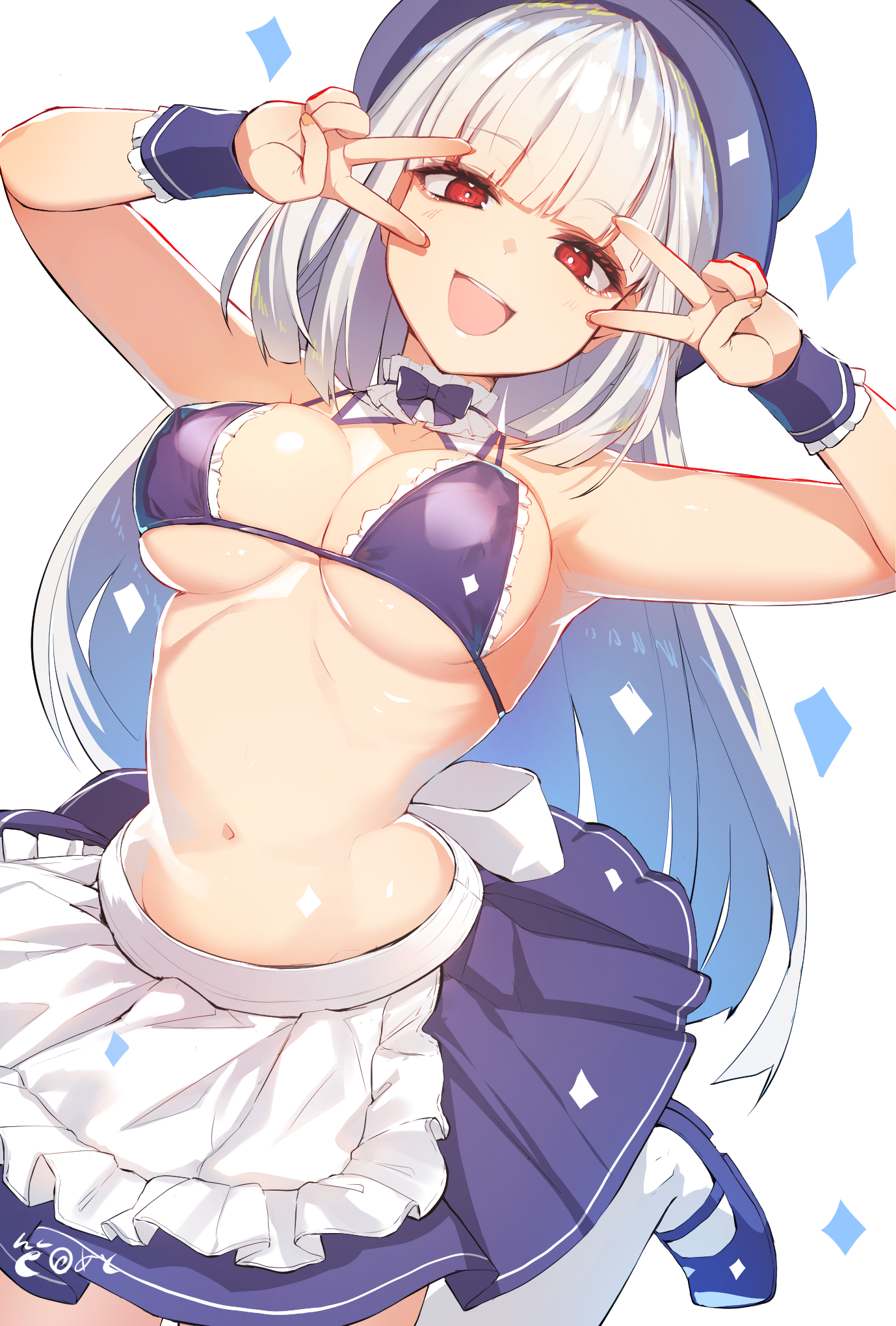 1girls, bra, breasts, breasts out, capcom fighting jam, female, ingrid (capcom), long hair, medium breasts, midnight bliss, peace sign, purple bra, red eyes, street fighter, street fighter 6, thighhighs, white hair, white thighhighs