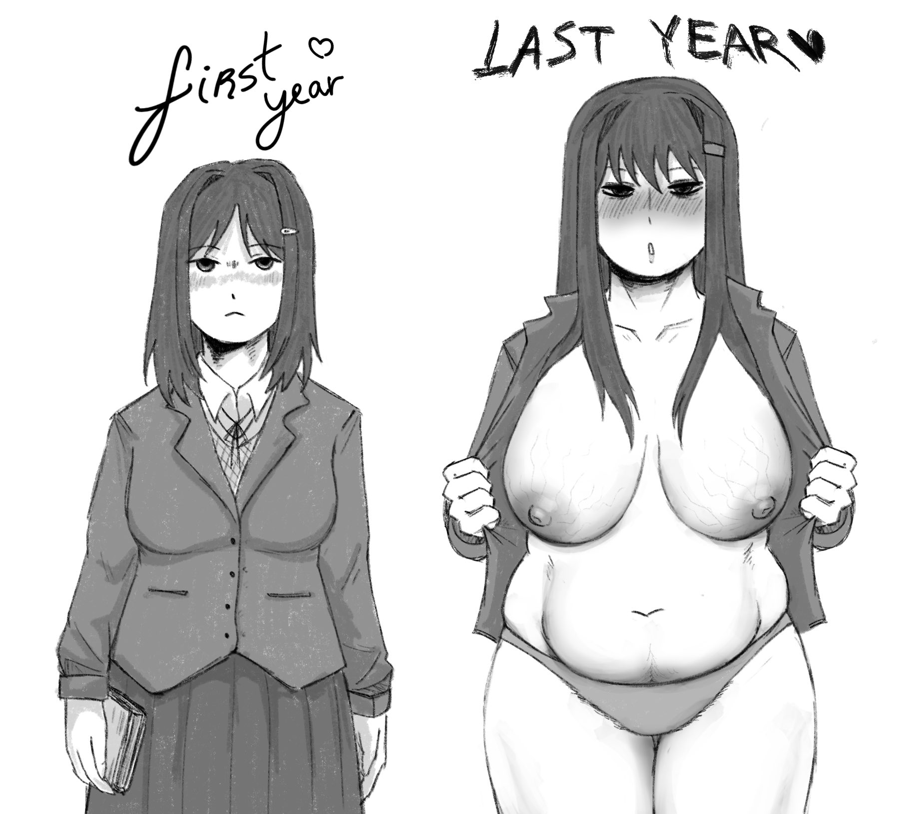 1girls, age progression, belly, belly button, big breasts, big nipples, big thighs, breast growth (development), chubby, chubby belly, chubby female, doki doki literature club, exhibitionism, exhibitionist, female, female only, hairy pussy, jacket, large breasts, long hair, medium breasts, mincedguts 228, open clothes, panties, plump, pubic hair peek, school uniform, schoolgirl, shy, solo, taking clothes off, tall female, thick thighs, thighs, veins on breasts, veiny breasts, yuri (doki doki literature club)