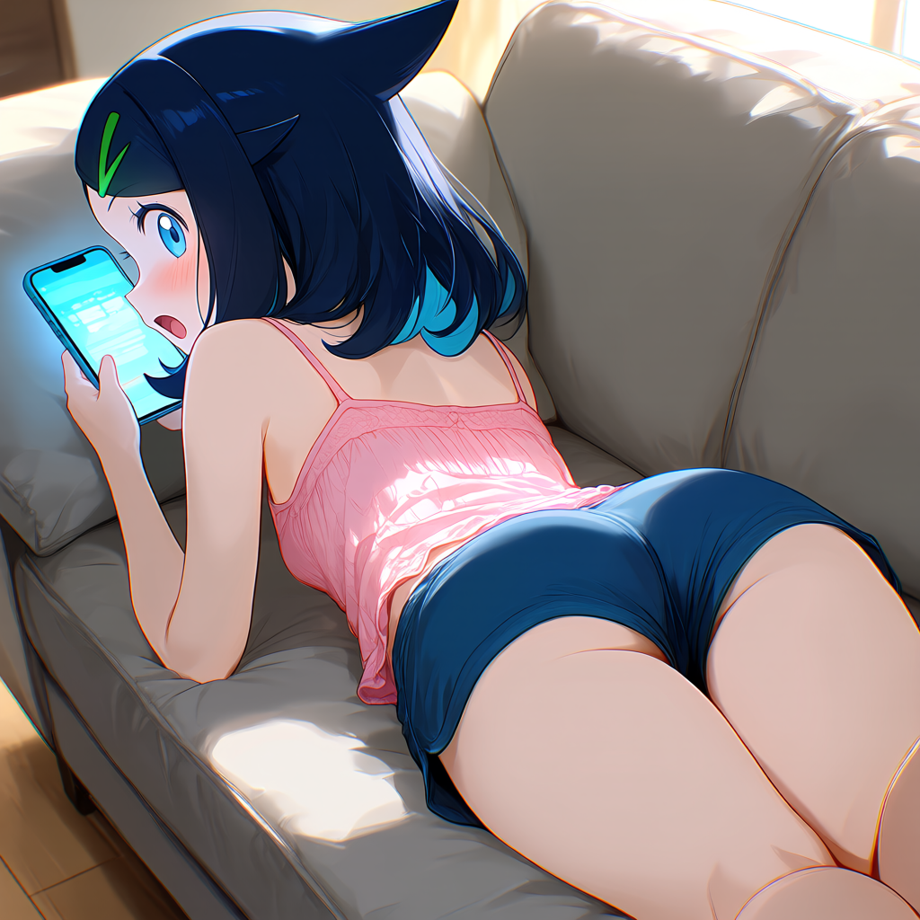 1girl ai_generated ass bare_arms bed black_hair black_shorts blue_eyes blue_hair blue_shorts blush camisole cellphone clothing couch cushion day eyelashes female from_behind furniture hair_ornament hairclip handheld_game_console holding holding_handheld_game_console holding_phone indoors kneepits liko_(pokemon) looking_at_viewer looking_back lying medium_hair multicolored_hair on_bed on_couch on_stomach open_mouth phone pillow pink_camisole pink_shirt pokemon pokemon_horizons shirt short_shorts shorts sleeveless sleeveless_shirt smartphone solo tongue wooden_floor