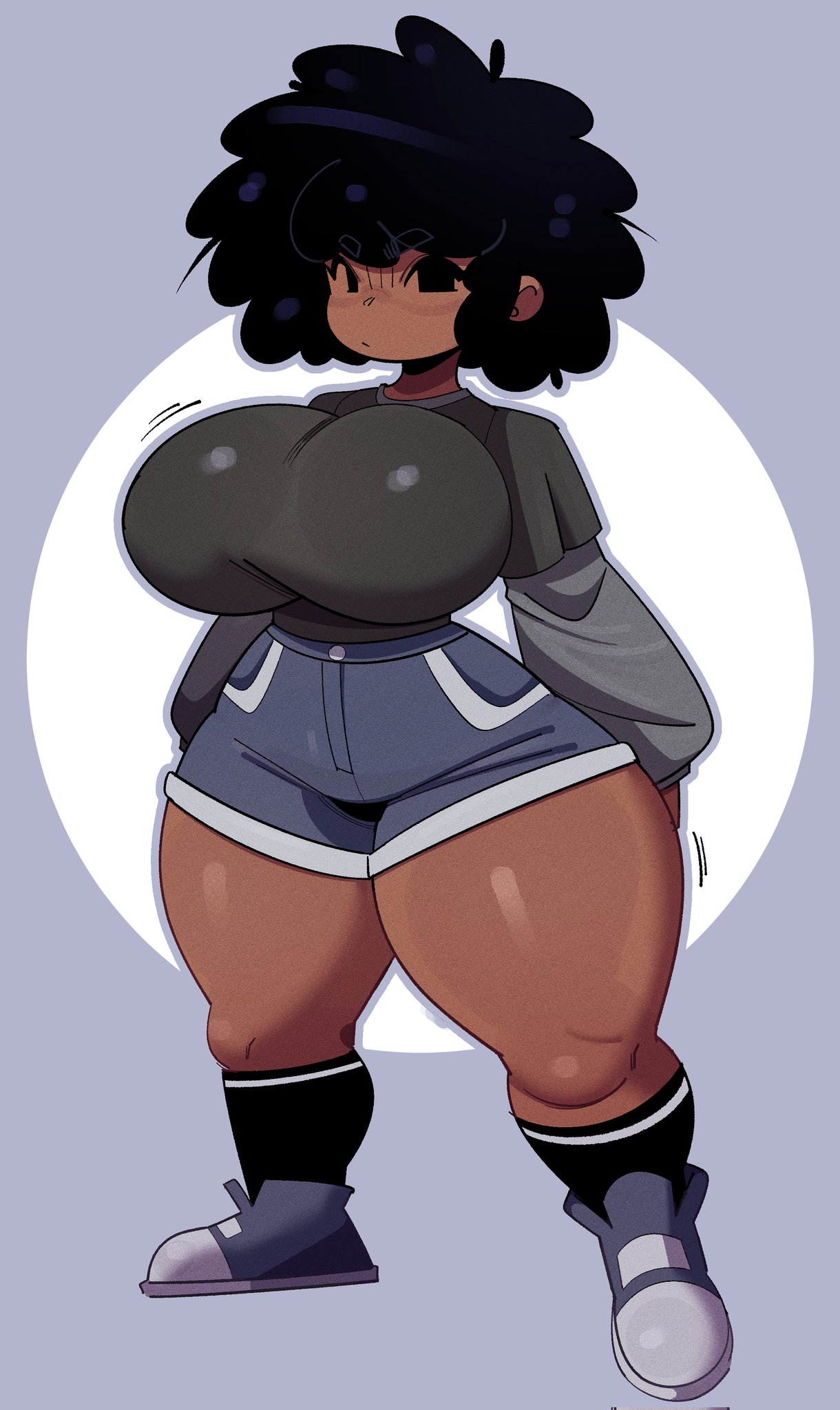 1girl, ass, ass bigger than head, ass bigger than torso, big ass, big breasts, big tits, black hair, black shirt, black socks, breasts, breasts bigger than head, breasts bigger than torso, breasts focus, bubble breasts, carol (bbpanzu), curly hair, curly-haired female, dark blue shoes, dark skin, dark skinned female, female, female focus, female only, friday night funkin, front view, fully clothed, fully clothed female, hi res, high quality, high resolution, highres, hips, hips wider than shoulders, huge ass, huge breasts, huge tits, large ass, large breasts, long socks, majora31, majora317840, majoralol2, massive ass, massive breasts, massive tits, shirt, shoes, short hair, shorts, simple background, socks, thick ass, thick breasts, thick thighs, thighs, thighs bigger than head, thighs bigger than torso, tits bigger than torso, white background, wide ass, wide breasts, wide hips
