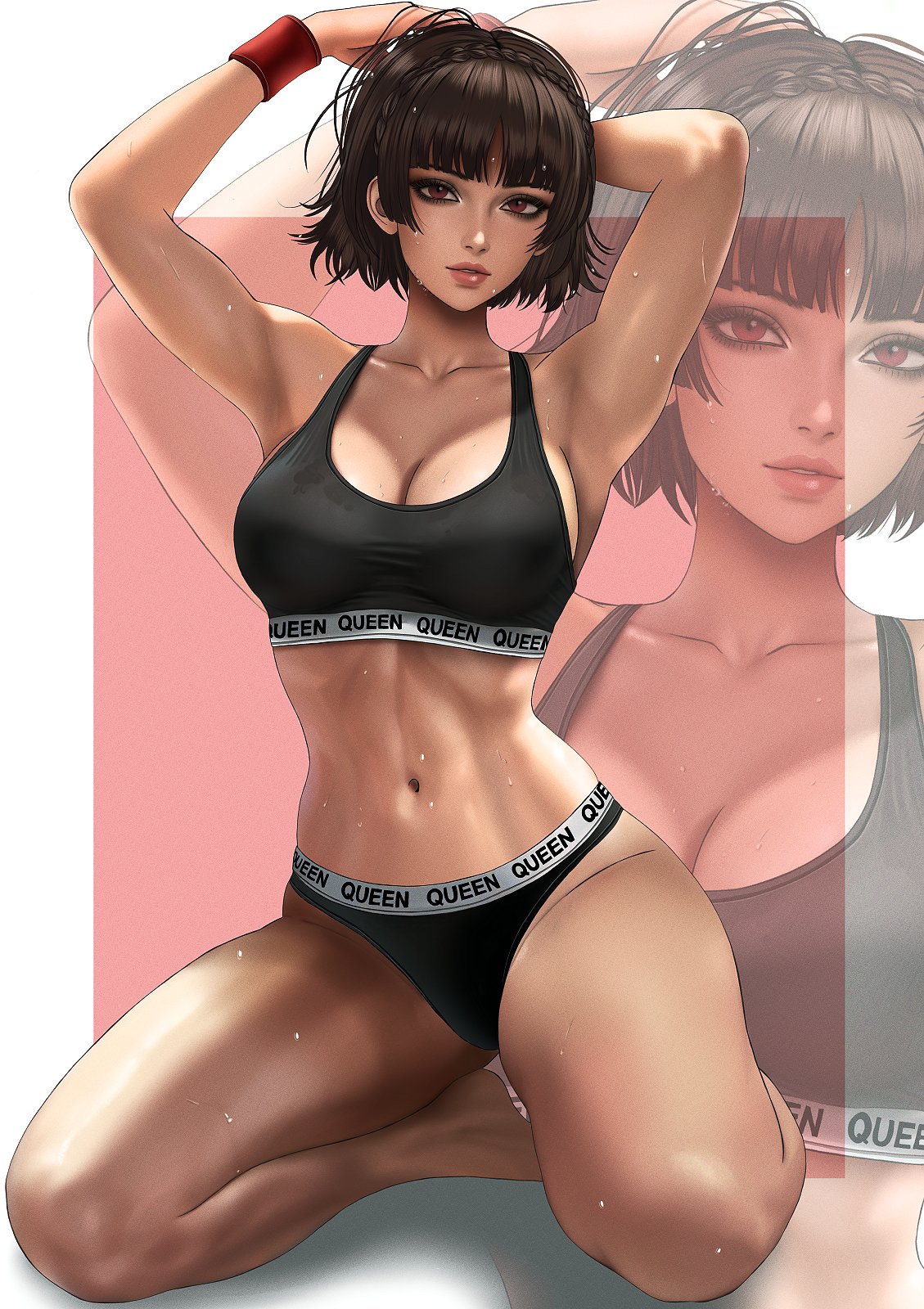 1girls, abs, alternate costume, big breasts, breasts, brown hair, cleavage, clothing request, female, female only, kittymiya, kttymya, large breasts, looking at viewer, makoto niijima, megami tensei, persona, persona 5, red eyes, red wristband, short hair, sports bra, sportswear, sweat, thick thighs, toned female, underwear, wet, workout clothes, wristband