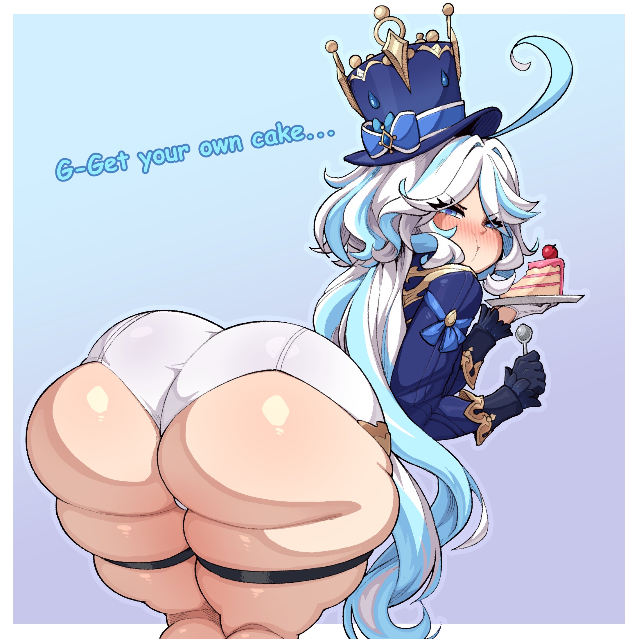 1girls, ahoge, ass, ass focus, bent over, big ass, blue eyes, blue hair, blue hat, blush, booty shorts, bubble butt, cake, curvy, eating, english text, fat, fat ass, female, female only, food, furina (genshin impact), genshin impact, gloves, hat, hi res, highres, hotpants, huge ass, large ass, long hair, looking at viewer, looking back, micro shorts, minishorts, multicolored hair, short shorts, shorts, skindentation, solo, solo female, the yeager, theyeager, thick, thick thighs, thigh strap, two-tone hair, voluptuous, weight gain, white hair, white shorts, wide hips