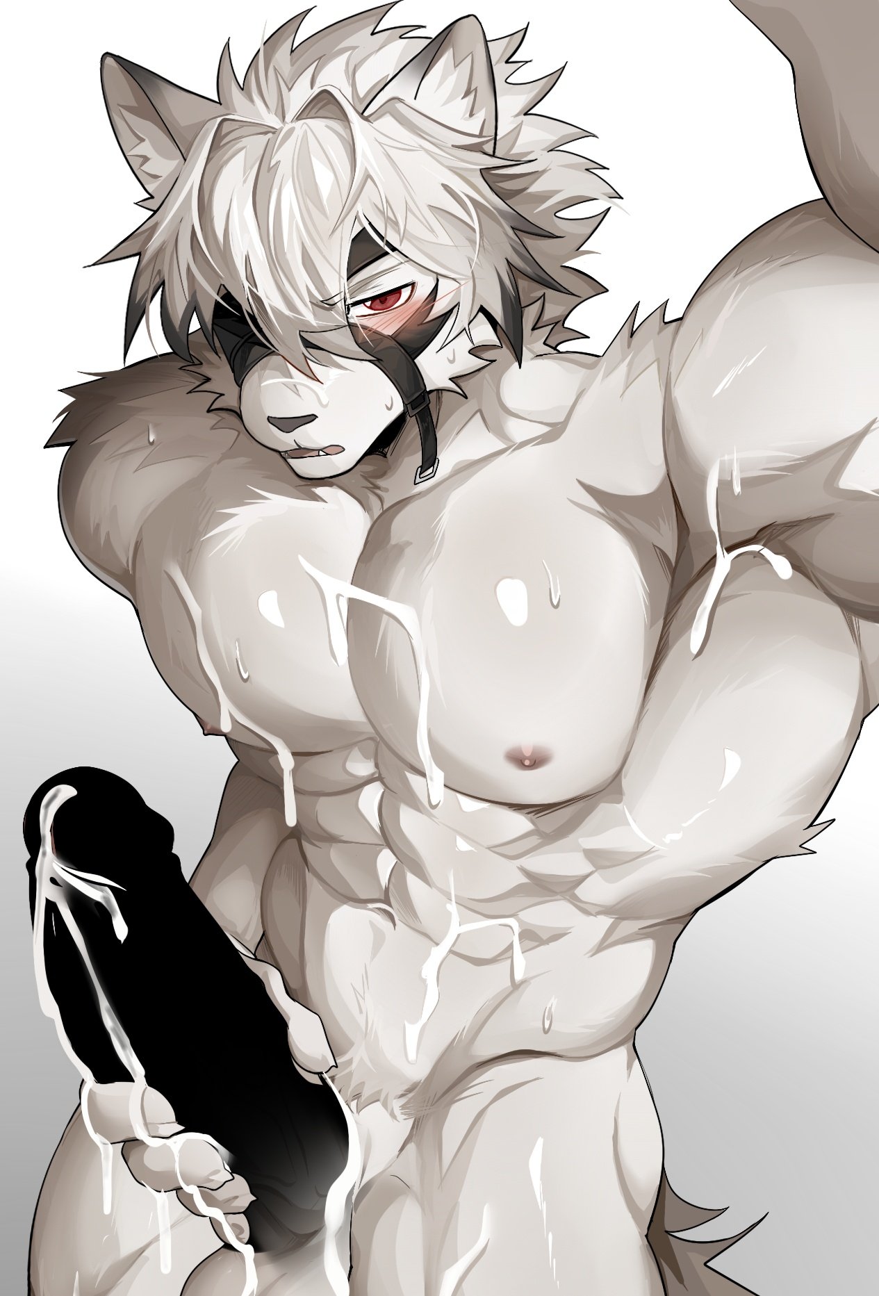 1boy, abs, animal ears, ao (chung0u0), bara, blush, censored, colored tips, commentary, cum, cum on armpits, cum on body, ejaculation, english commentary, erection, eyepatch, furry, furry male, girthy penis, highres, large penis, looking at viewer, male focus, multicolored hair, muscular, muscular male, navel, nipples, no pants, no shirt, nude, one eye closed, open mouth, pectorals, penis, simulated facial, sweatdrop, tail, testicles, topless male, underwear, von lycaon, wolf boy, wolf ears, wolf tail, zenless zone zero