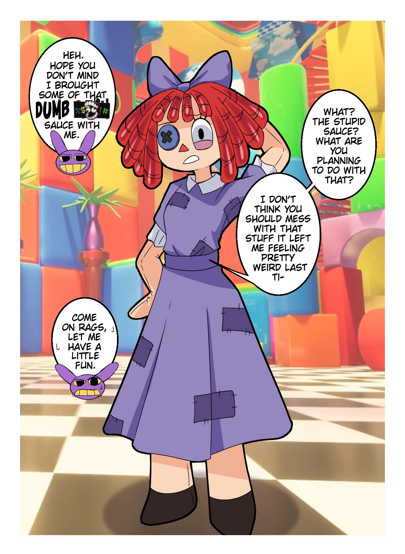 2025, comic page, dialogue, erasethismail, glitch productions, gooseworx, jax, jax (tadc), jax (the amazing digital circus), page 1, ragatha, ragatha (tadc), ragatha (the amazing digital circus), stupid sauce, tagme, the amazing digital circus