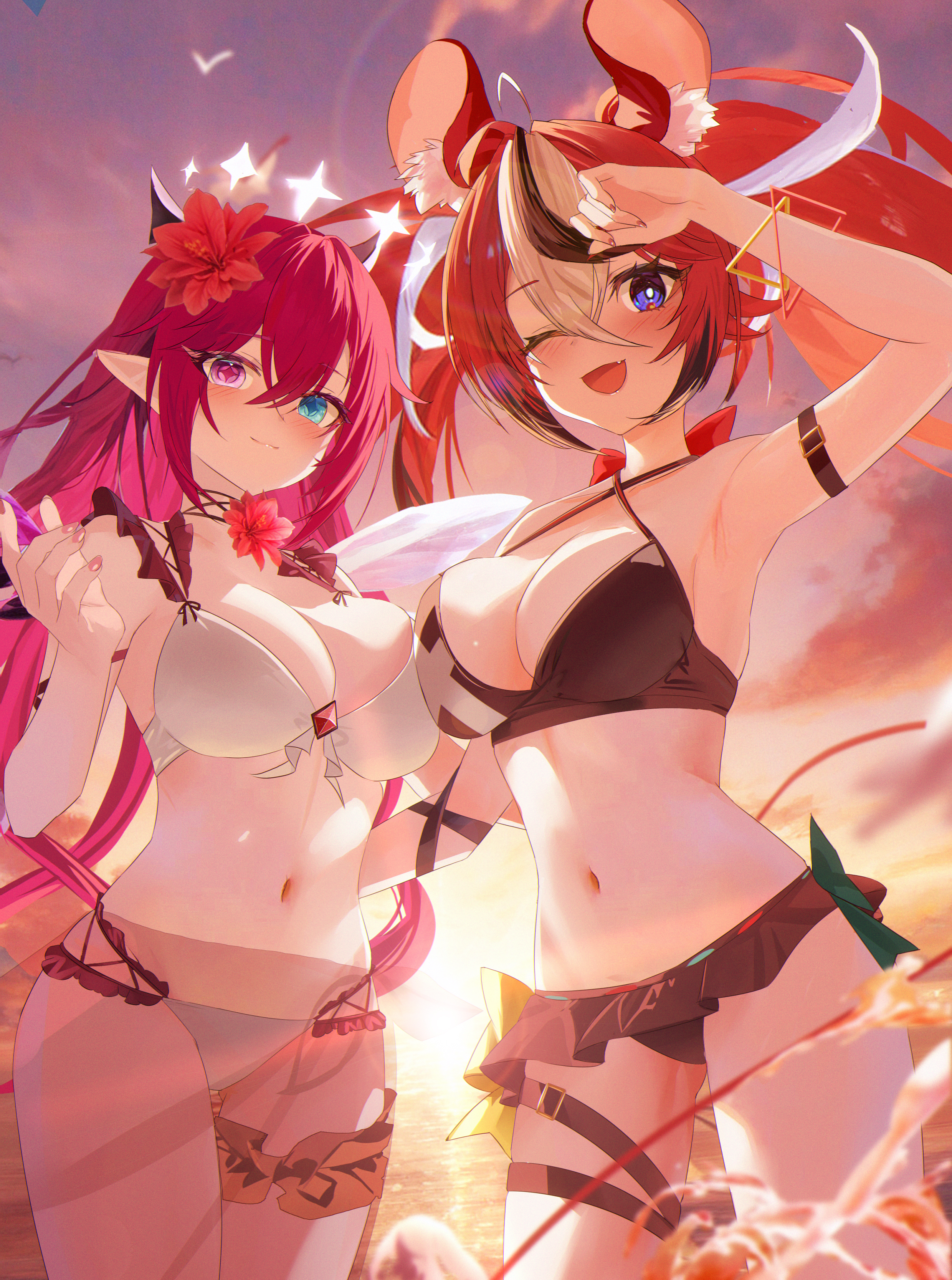 2girls, animal ears, armpits, bare shoulders, belly button, bikini, black hair, blue eyes, blush, bra, breast press, breasts, cleavage, female, hakos baelz, heterochromia, high resolution, highres, hololive, hololive english, hololive english -council-, hololive english -promise-, irys, irys (hololive), jiang ye kiri, jygfams, long hair, looking at viewer, medium breasts, multicolored hair, multiple girls, ocean, one eye closed, open mouth, outside, panties, pink eyes, pink hair, red hair, smile, standing, star shaped pupils, stomach, sunset, swimsuit, thighs, tied hair, underwear, virtual youtuber, water, white hair
