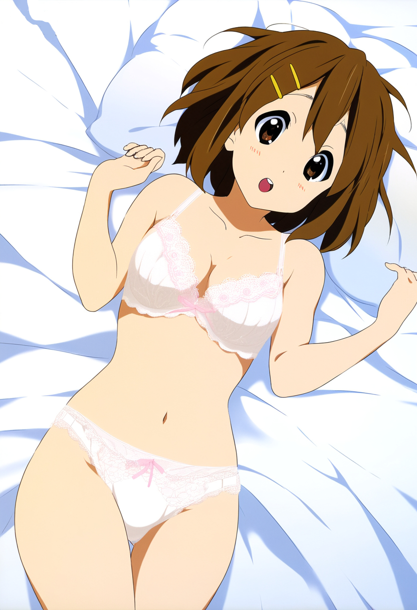 1girl, 1girls, ai generated, bed background, belly, bow, bow bra, bow panties, brown eyes, brown hair, cute face, girl, half naked, human, k-on!, lingerie, looking at viewer, lying, lying on back, lying on bed, lying on pillow, medium breasts, mouth, on bed, open mouth, pillow, schoolgirl, sexy body, thick thighs, thighs, white underwear, yui hirasawa (k-on!)