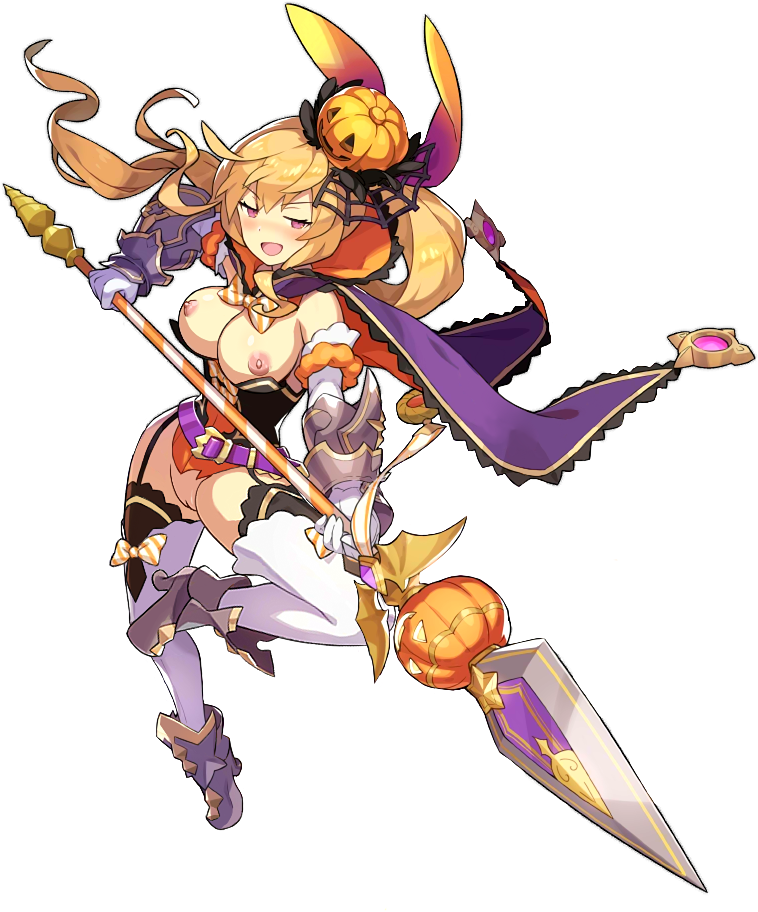 areolae armor big_breasts blonde_hair bunny_ears cape cygames dragalia_lost edit elisanne female_only gauntlets hair_ornament halloween high_heels naked nintendo ptdmca pussy red_eyes shaved_pussy spear weapon