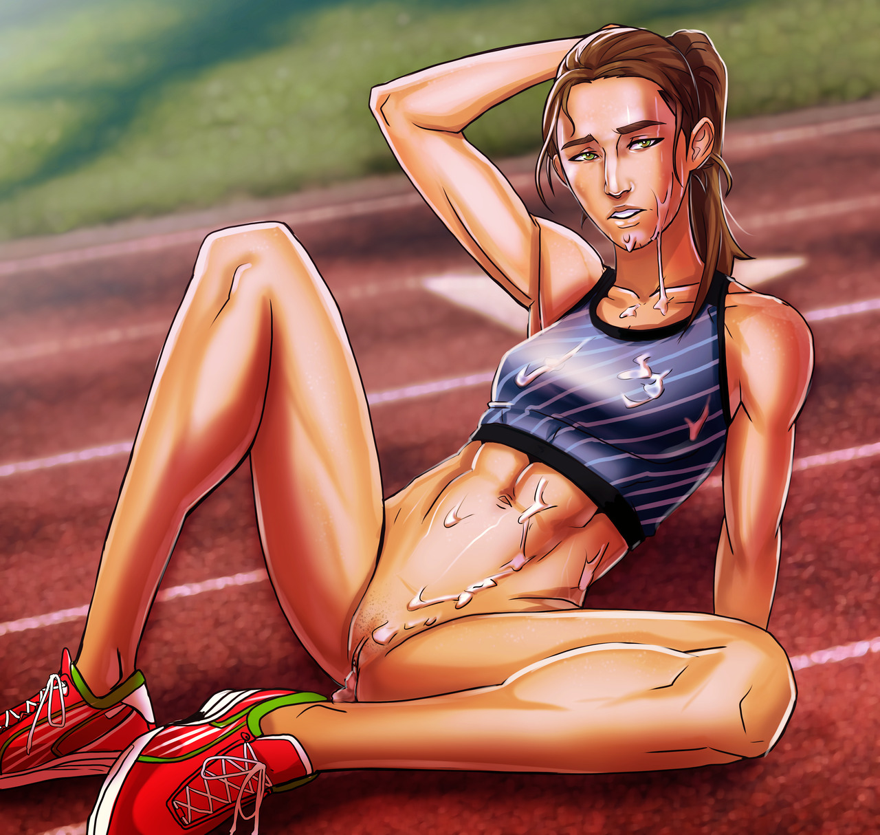 2d, 2d (artwork), after sex, andava, andavaverse, bottomless, breasts, cum, cum in pussy, cum inside, cum on breasts, cum on face, erica andreyko, female, female only, looking at viewer, pussy, solo