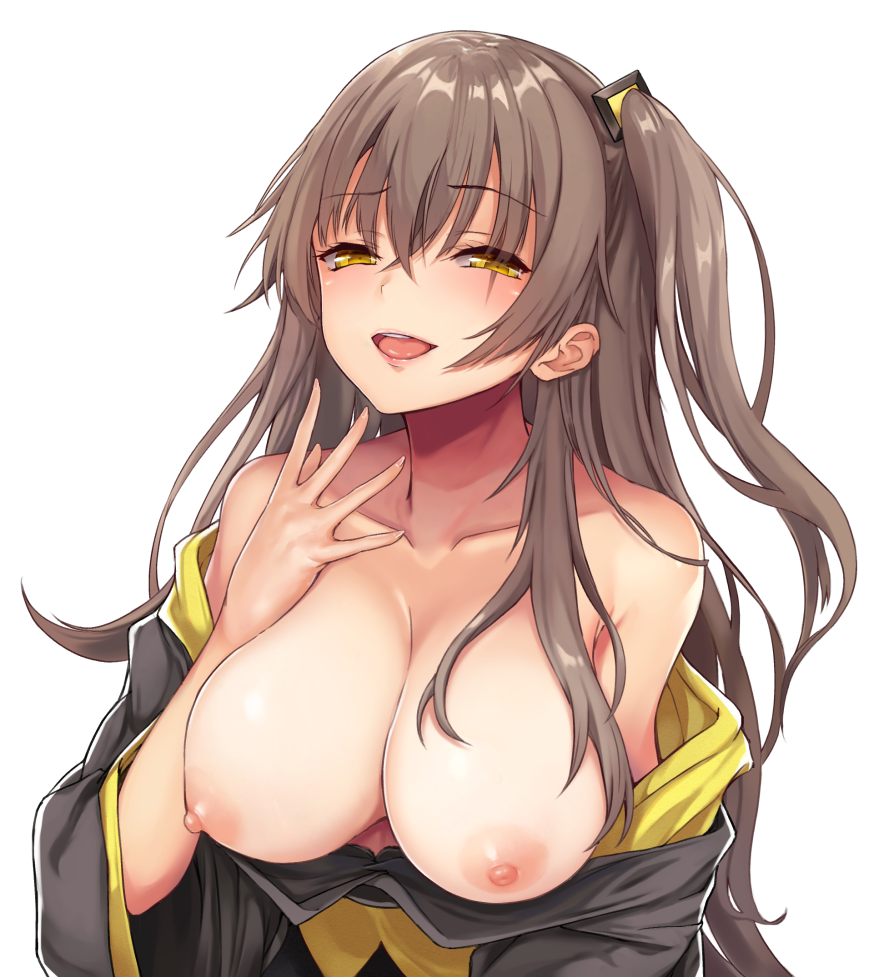 alternate_breast_size areolae bangs bare_shoulders blush breasts brown_hair cleavage collarbone commentary_request crossed_bangs derivative_work eyebrows_visible_through_hair eyes_visible_through_hair female female_only girls'_frontline hair_between_eyes hair_ornament half-closed_eyes hand_up heifetz jacket jacket_pull large_breasts long_hair looking_at_viewer nipples off_shoulder one_side_up open_mouth scar scar_across_eye sidelocks simple_background smile ump45_(girls'_frontline) white_background yellow_eyes