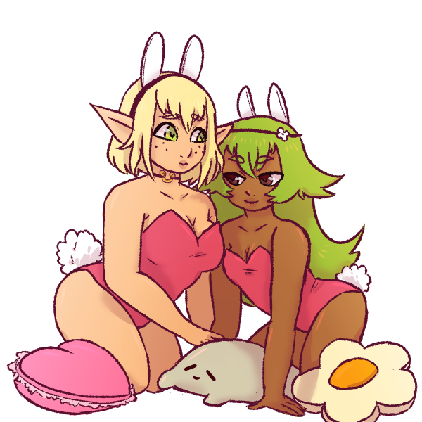 2girls amalia big_breasts blonde_hair breasts brown_body brown_eyes bunnysuit cleavage cra cute dark-skinned_female dark_skin evangelyne female female_focus female_only green_eyes green_hair lesbians long_hair multiple_girls peachkuns pillows sadida short_hair small_breasts tan thighs wakfu