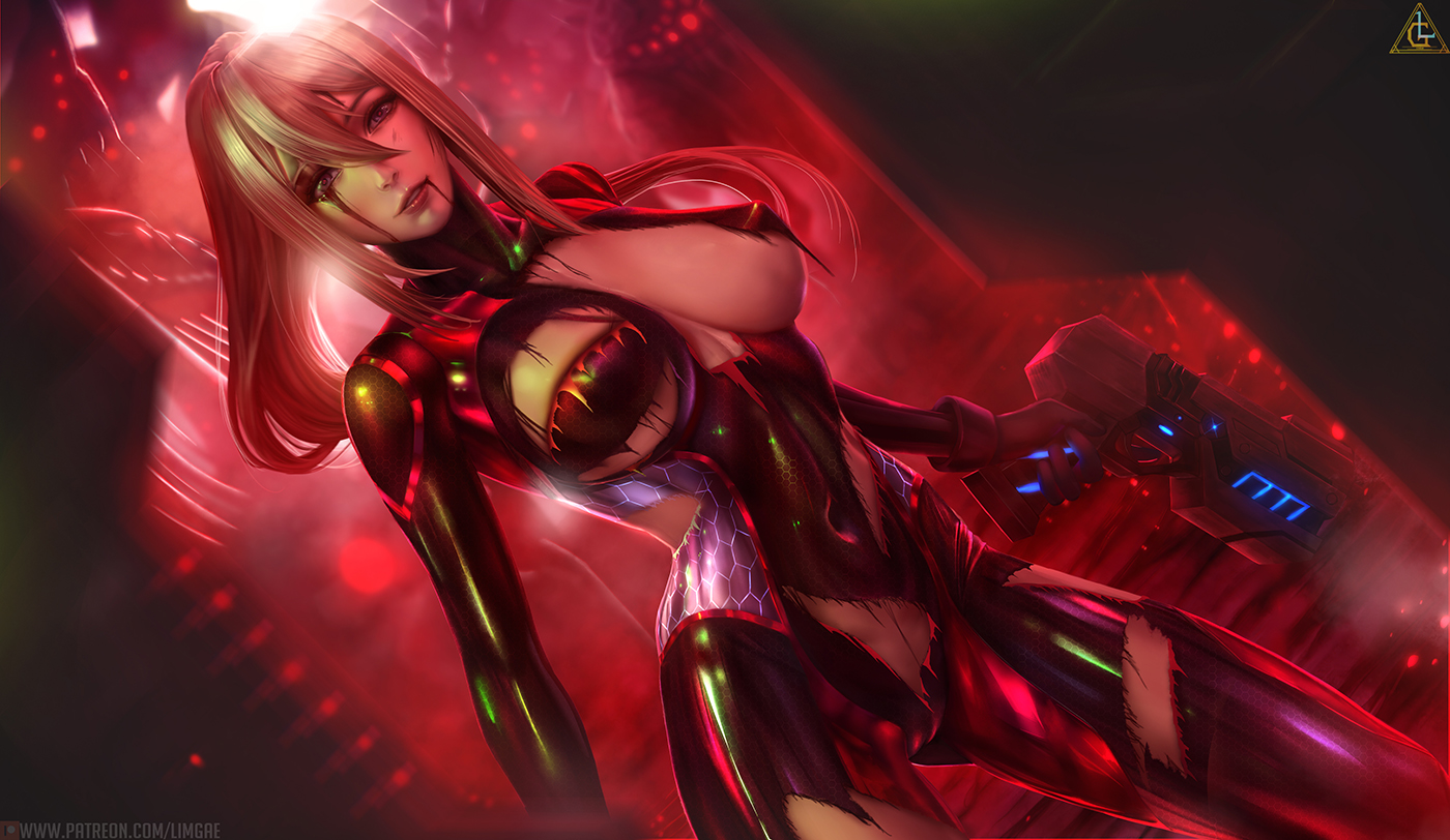big breasts, blonde hair, blood, bodysuit, breasts, cameltoe, cleavage, female, female only, higher resolution available, injury, large breasts, limgae, looking at viewer, metroid, nintendo, pussy, samus aran, solo, torn clothes, zero suit, zero suit samus