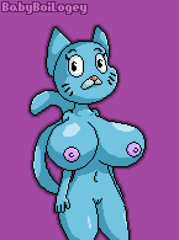 alternate_breast_size anthro babyboilogey big_breasts breasts cartoon_network feline female huge_breasts looking_at_viewer mammal navel nicole_watterson nipples nude pixel_art pussy solo the_amazing_world_of_gumball