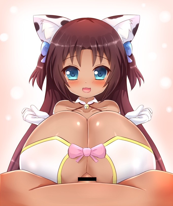 1girls animal_print bare_shoulders bell blue_bow blue_eyes blush bow breast_focus breast_squeeze breasts brown_hair cat_girl censored cleavage cleavage_cutout collar commission commissioner_upload cow_print cute_fang dark-skinned_female dark_skin dress elbow_gloves engulfing_paizuri female female_focus gloves hair_bow hair_ornament halterneck huge_breasts kane-neko light-skinned_male long_hair looking_at_viewer naomi_minette open_mouth original original_character paizuri paizuri_under_clothes penis pink_bow pov shiny shiny_hair shiny_skin shortstack smile solo_focus standing thrusting tight two_side_up upper_body wavy_mouth white_clothes white_gloves wing_collar