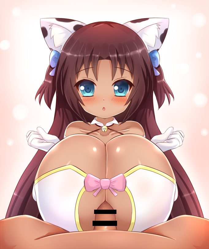 1girls :o animal_print bare_shoulders bell blue_bow blue_eyes blush bow breast_focus breast_squeeze breasts brown_hair cat_girl censored cleavage cleavage_cutout collar commission commissioner_upload cow_print dark-skinned_female dark_skin dress elbow_gloves engulfing_paizuri female female_focus gloves hair_bow hair_ornament halterneck huge_breasts kane-neko light-skinned_male long_hair looking_at_viewer naomi_minette original original_character paizuri paizuri_under_clothes penis pink_bow pov shiny shiny_hair shiny_skin shortstack solo_focus standing tight two_side_up upper_body white_clothes white_gloves wing_collar