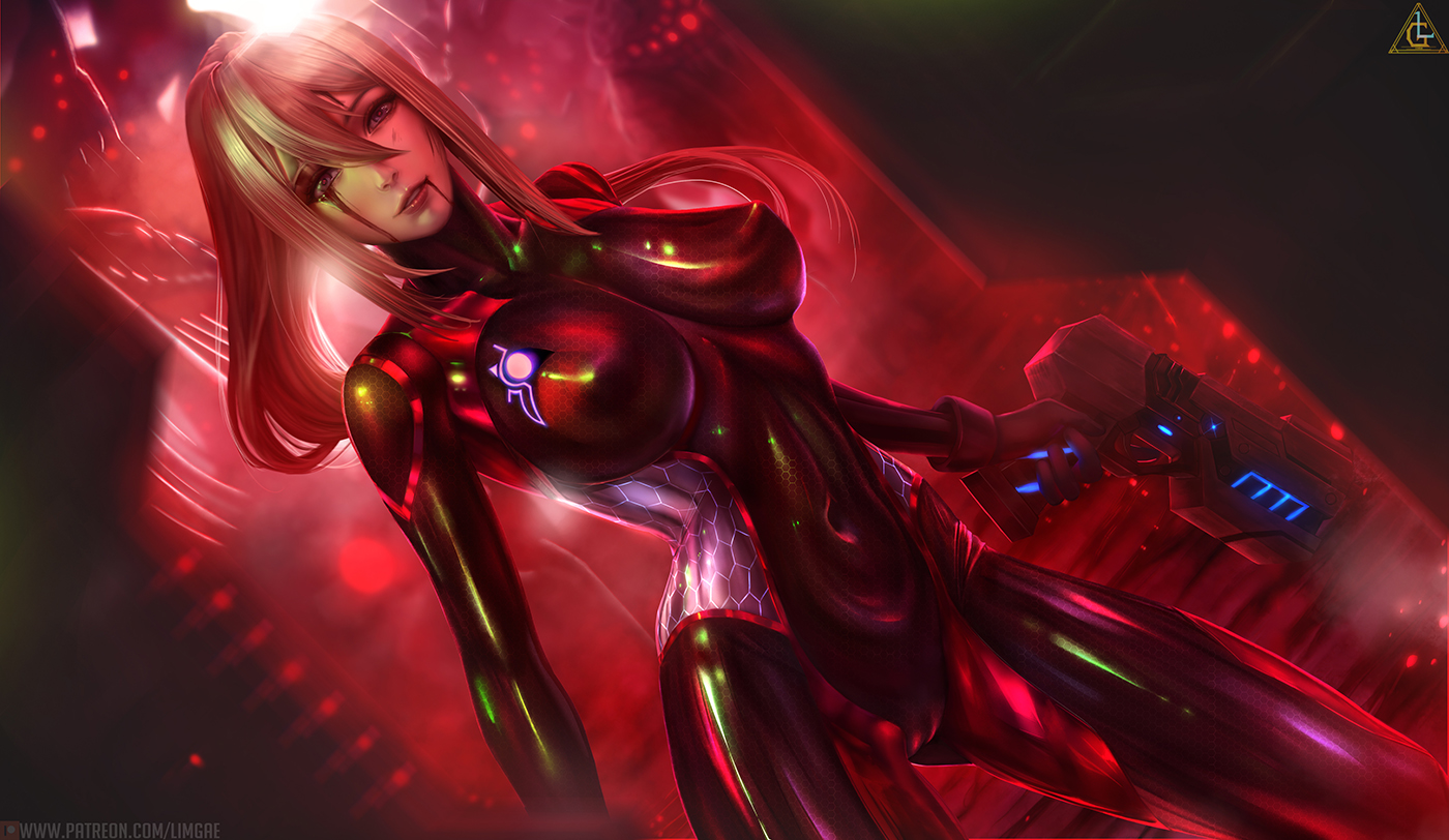 big breasts, blonde hair, blood, bodysuit, breasts, cameltoe, cleavage, female, female only, large breasts, limgae, looking at viewer, metroid, nintendo, pussy, samus aran, solo, zero suit, zero suit samus