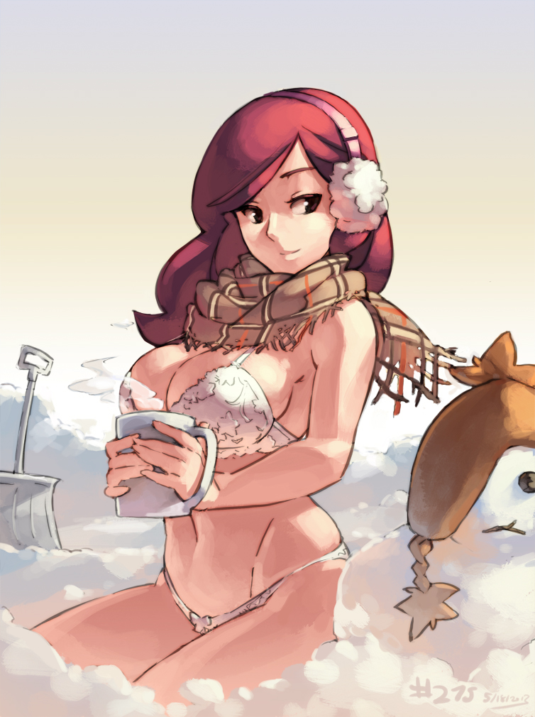 1girls 2013 beryl_(junkpuyo) big_breasts bra breasts brown_eyes cleavage cup dated earmuffs female junkpuyo lace lace-trimmed_bra large_breasts long_hair mug original panties plaid plaid_scarf red_hair scarf seiza shovel sideboob sitting snow snowman solo steam underwear underwear_only white_bra white_panties