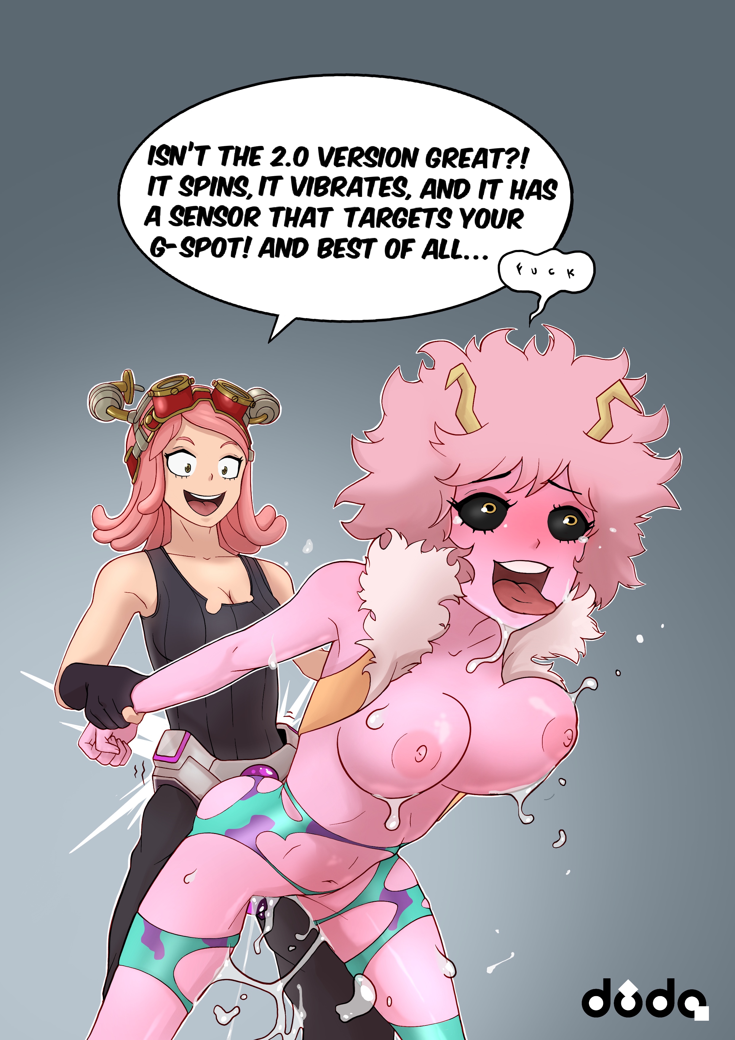2girls, ahe gao, anal, areola, big breasts, black sclera, bouncing breasts, breasts, clothing, dialogue, dildo, double penetration, dude-doodle-do, duo, ejaculation, english text, female, female ejaculation, female only, hair, large breasts, looking pleasured, mei hatsume, mina ashido, multiple females, multiple girls, my hero academia, nipples, open mouth, pink hair, pink skin, pink-haired female, pussy, pussy ejaculation, pussy juice, sex, sex from behind, sex toy, shirt, simple background, speech bubble, strap-on, strapon, text, tongue, tongue out, torn clothes, vaginal penetration, yuri