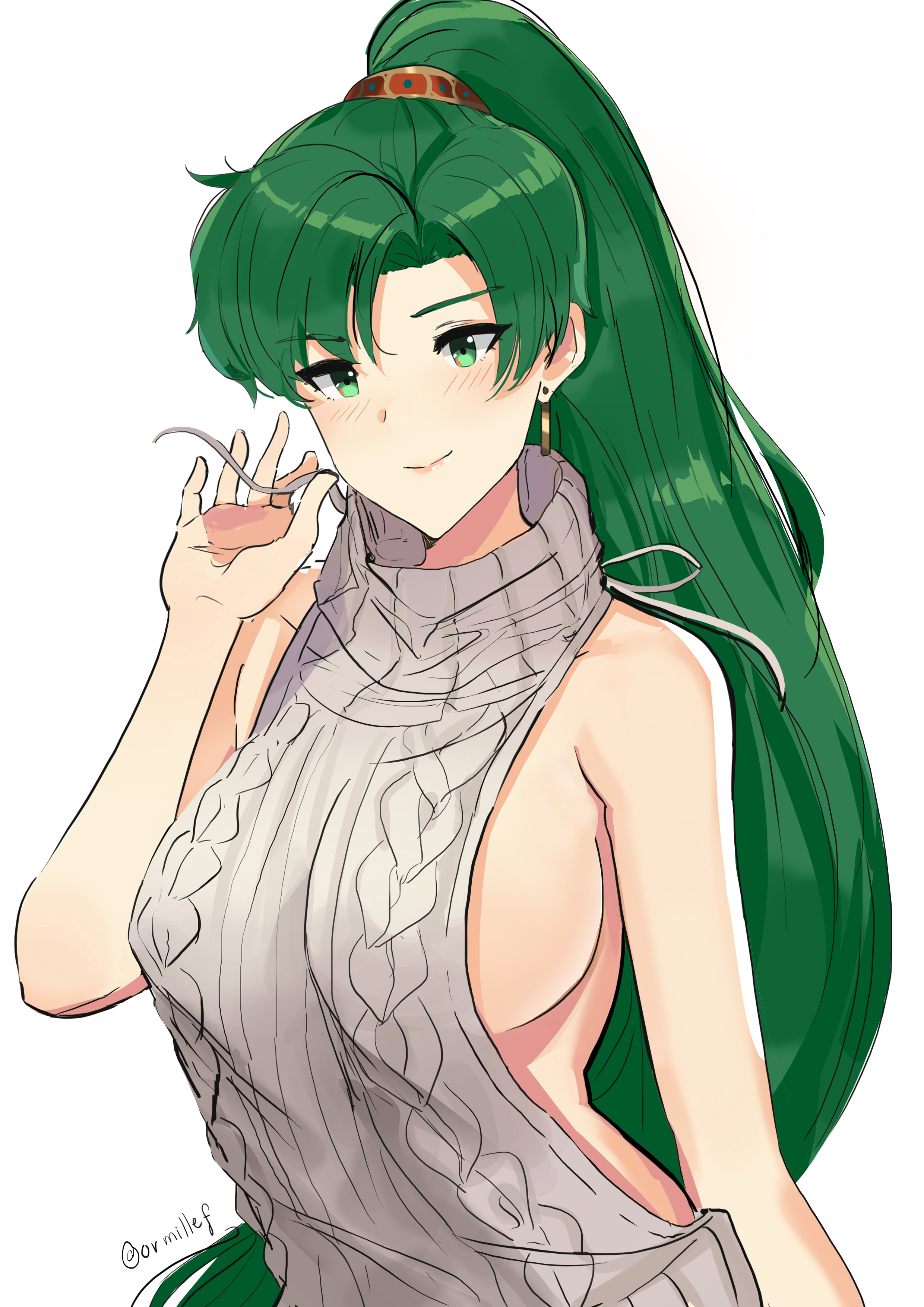 1girls, blush, breasts, clothing, earrings, female, fire emblem, fire emblem: the blazing blade, green eyes, green hair, jewelry, long hair, lyn (fire emblem), lyndis (fire emblem), ormille, sideboob, sleeveless shirt, smile, solo, tagme, virgin killer sweater