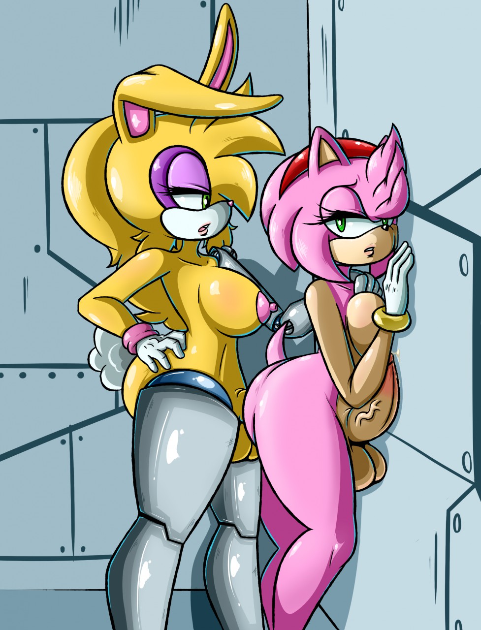 against_wall amputee amy_rose anal anthro ass balls breasts bunnie_rabbot cyberlimb cybernetics diabolussex furry futa_on_futa futa_only futanari intersex lagomorph nipples penis sonic_(series) story_at_source storyman triple_amputee veiny_penis