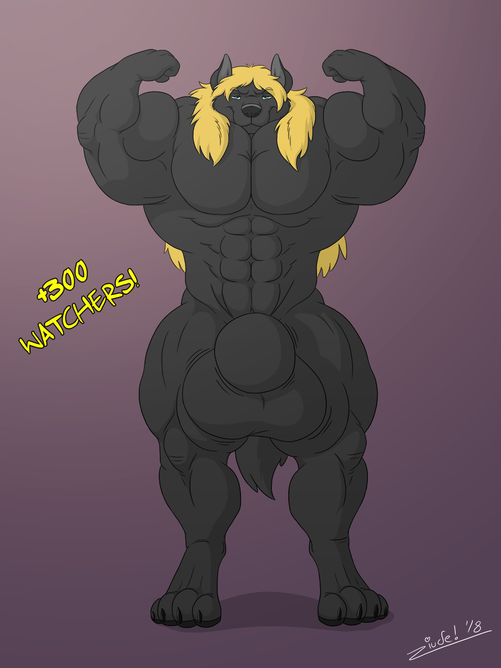 2018 abs animal_genitalia anthro ball_growth balls biceps big_(disambiguation) big_balls black_fur blonde_hair bulge canid canine flexing fur growth hair huge_balls hyper hyper_balls hyper_muscles juano male male_only muscular nude pecs sheath simple_background solo springfield