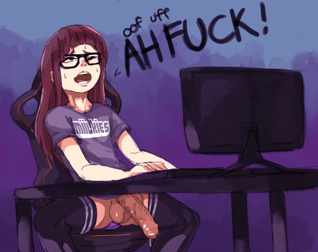 1boy, balls, computer, crossdressing, dildo, erection, erection under clothes, erection under skirt, glasses, large penis, male, male only, monitor, no panties, penis, penis out, penis under clothes, penis under skirt, precum, precum drip, skirt, skirt lift, thighhighs, trap