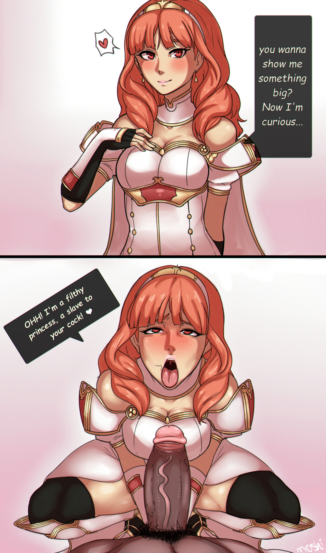 celica (fire emblem), dark skin, dark-skinned male, english text, female, fire emblem, fire emblem echoes: shadows of valentia, fire emblem gaiden, instant loss 2koma, kneeling, male, moshimashi, nintendo, orange hair, penis, pov, pov eye contact, red eyes, stray pubic hair, tagme