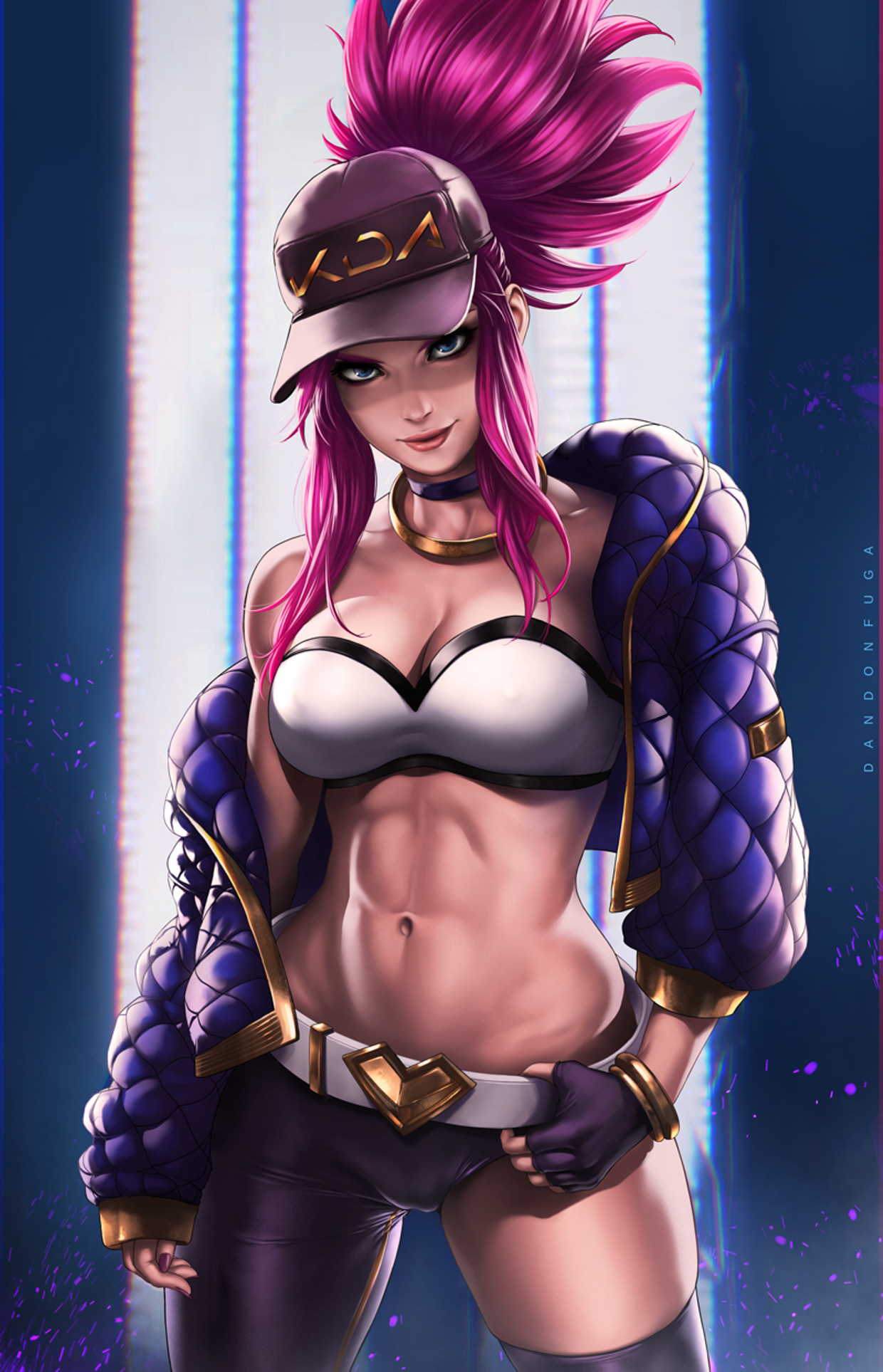 abs, akali, alternate costume, asymmetrical legwear, blue eyes, breasts, cleavage, dandon fuga, female, female only, hat, idol, jacket, k/da akali, k/da series, league of legends, leggings, lipstick, looking at viewer, midriff, ponytail, purple hair, riot games, solo, strapless, strapless top, strapless topwear, toned, tubetop