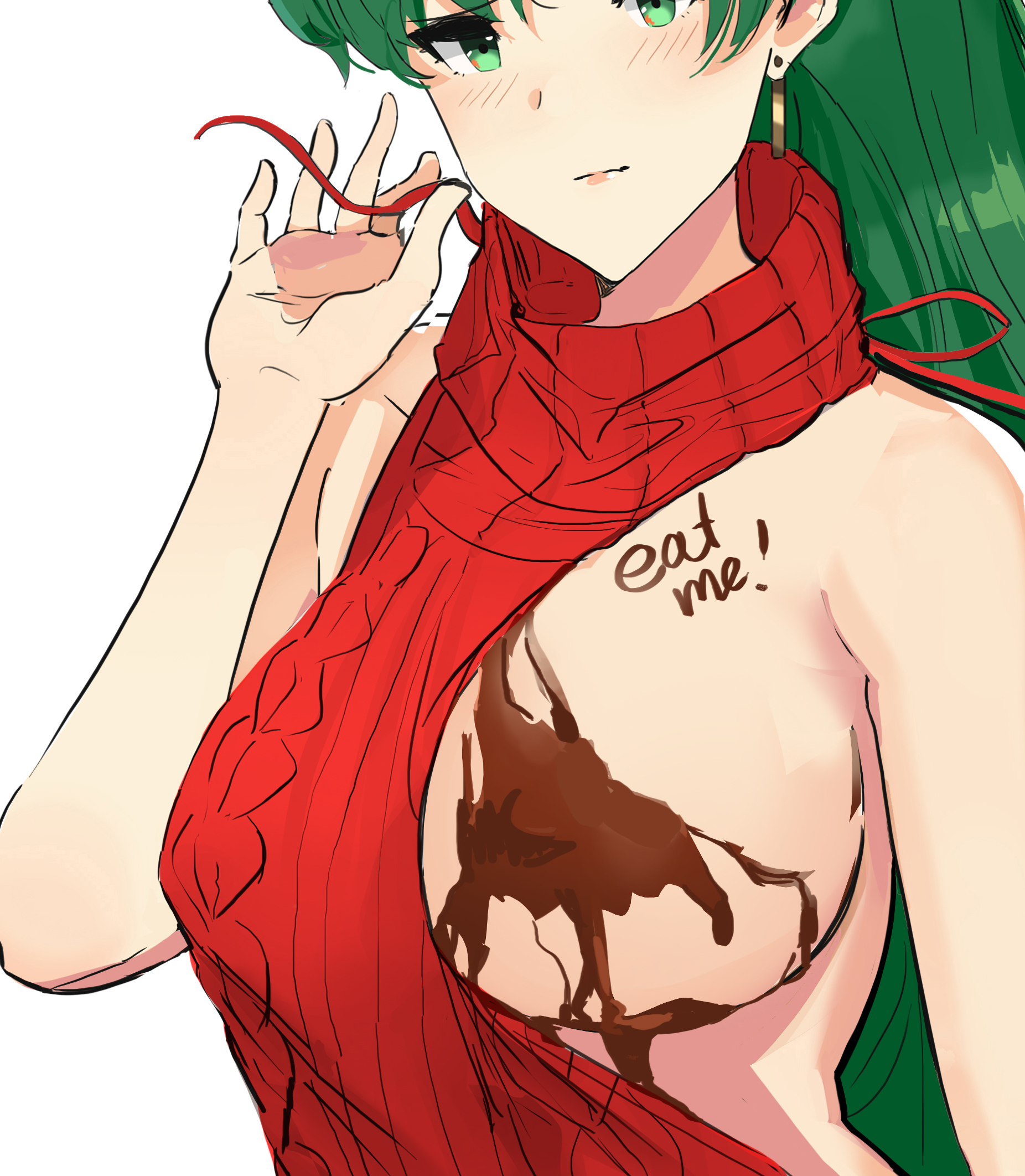 breasts, chocolate, earrings, female, fire emblem, fire emblem: the blazing blade, green eyes, green hair, jewelry, lyn (fire emblem), lyndis (fire emblem), ormille, red shirt, sleeveless, solo