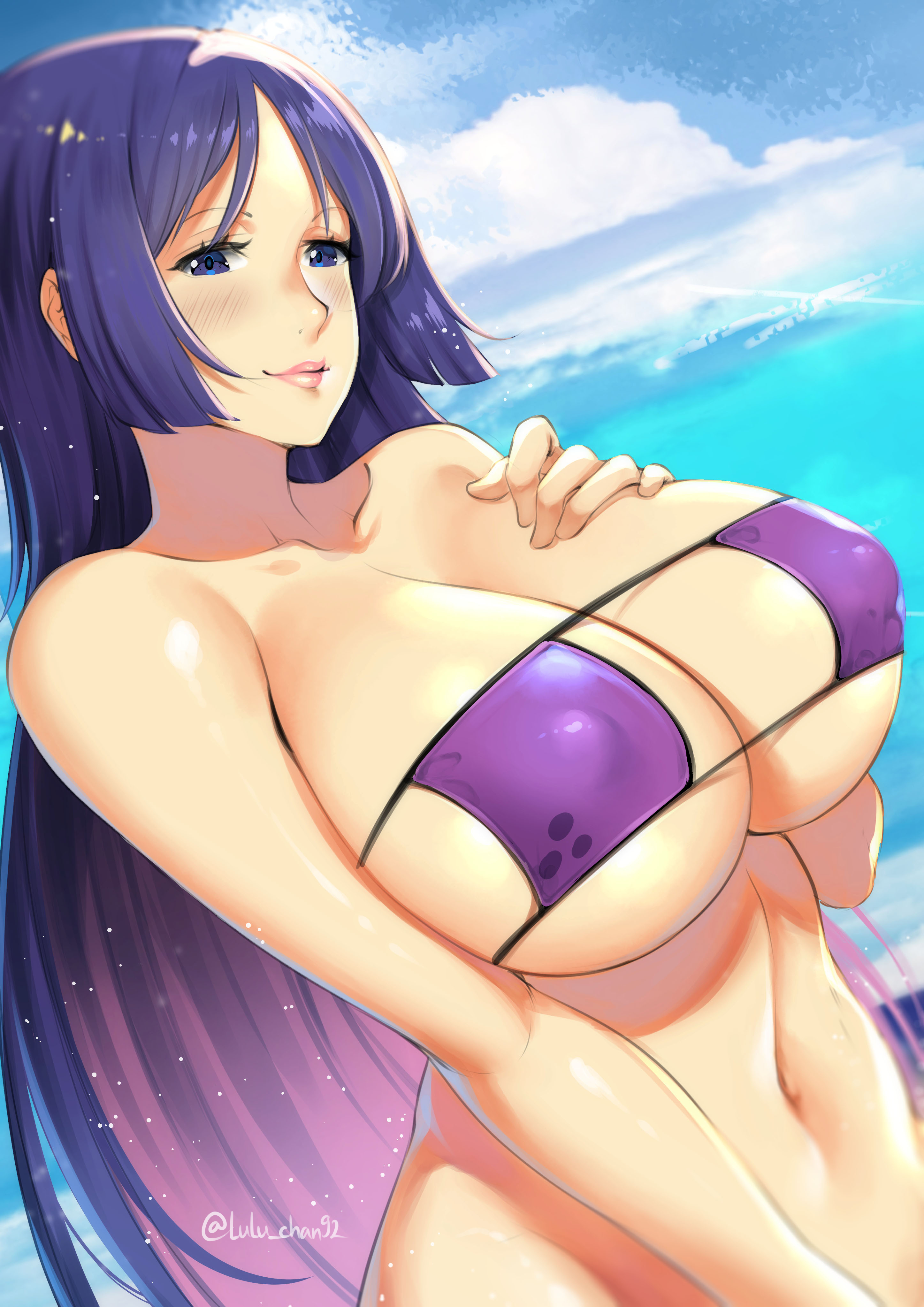 absurdres, breasts, cleavage, eyepatch bikini, fate (series), fate/grand order, female, female only, highres, huge breasts, looking at viewer, lulu-chan92, minamoto no raikou (fate/grand order), solo